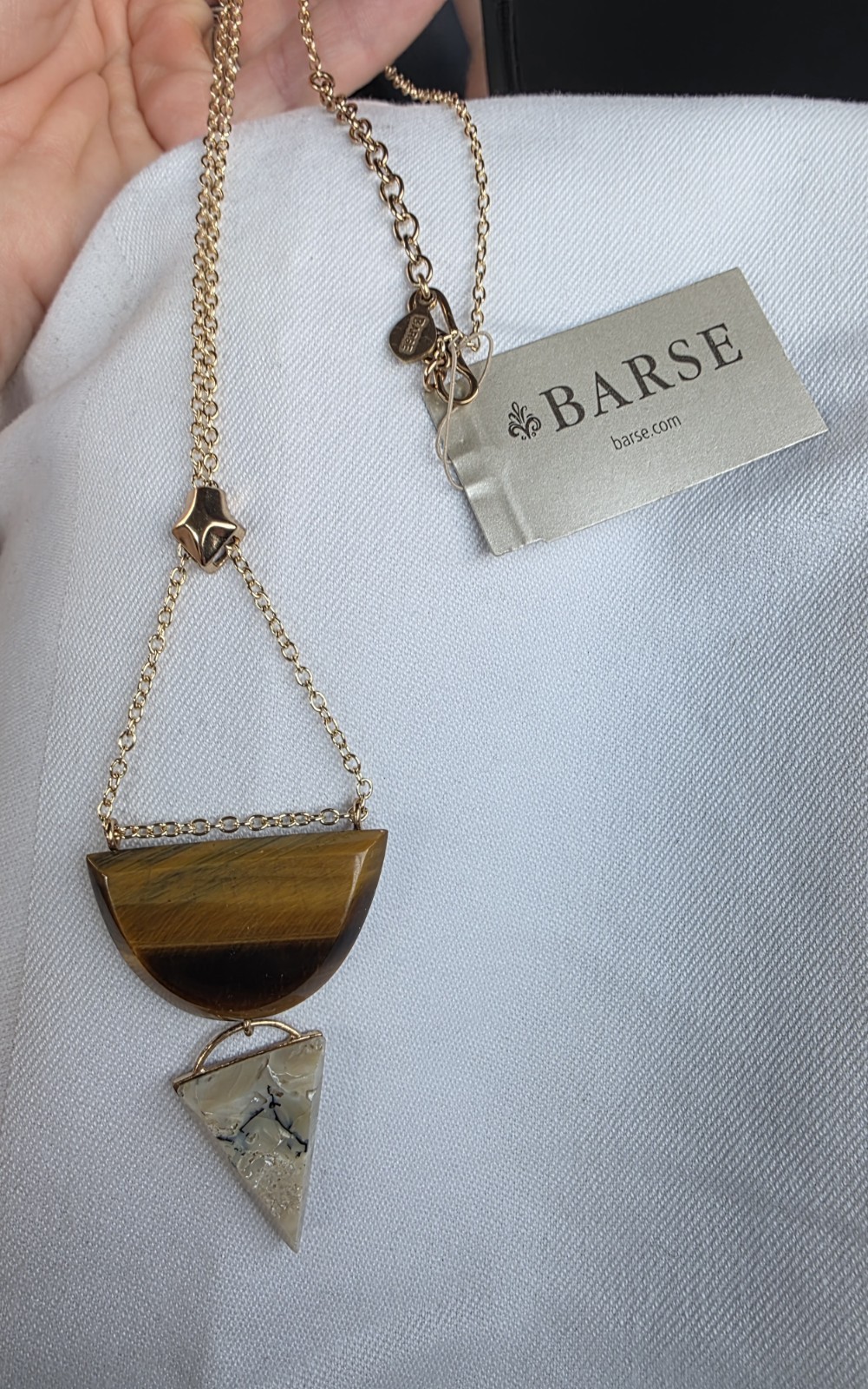 Designer Barse Tiger’s Eye semicircle triangle Pendant Chain Necklace 26″ 17.5”