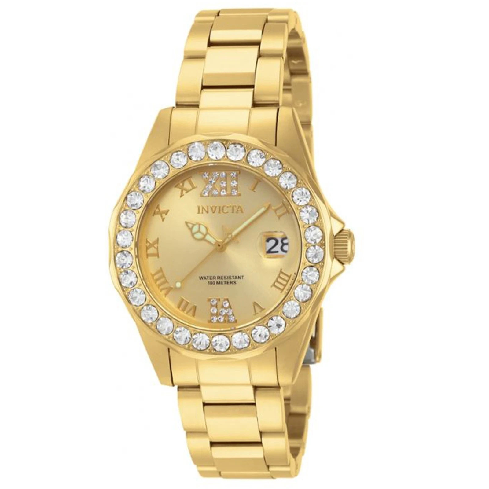 Invicta Pro Diver Lady Watch 15252: 38mm Gold Tone & Crystal Accents New IN Box