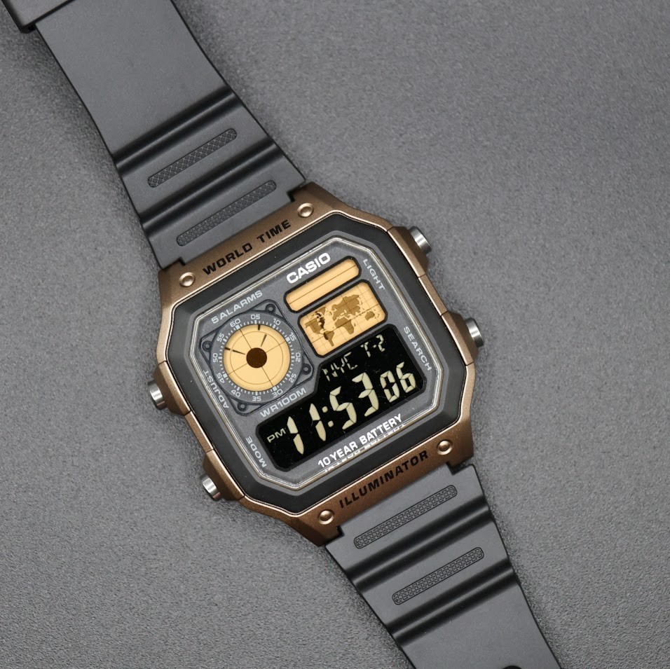 CASIO AE-1200WHD. Royale World Time Watch Mod. Gold Filter. Negative Display