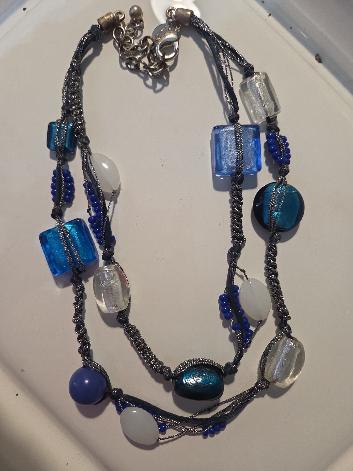 Chico’s Blue Glass Beaded Multi Strand Statement Necklace Adjustable Silver Tone
