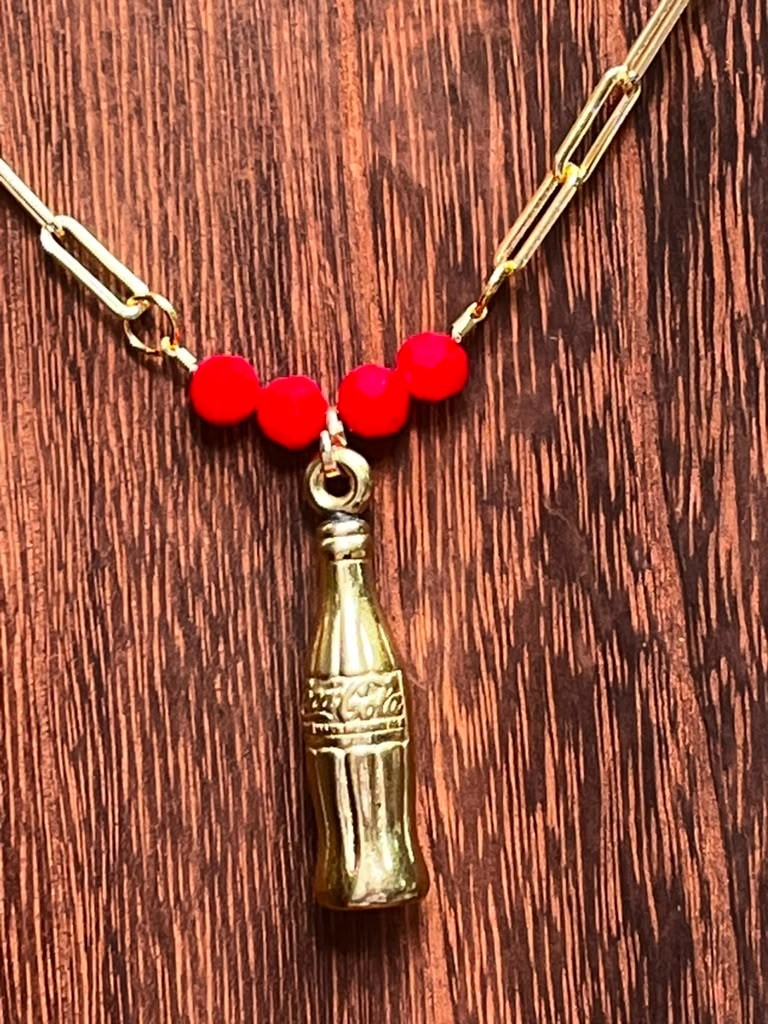 Vintage Coca-Cola Promotional Gold Tone Bottle Charm Necklace, Red Bead Gold Pla