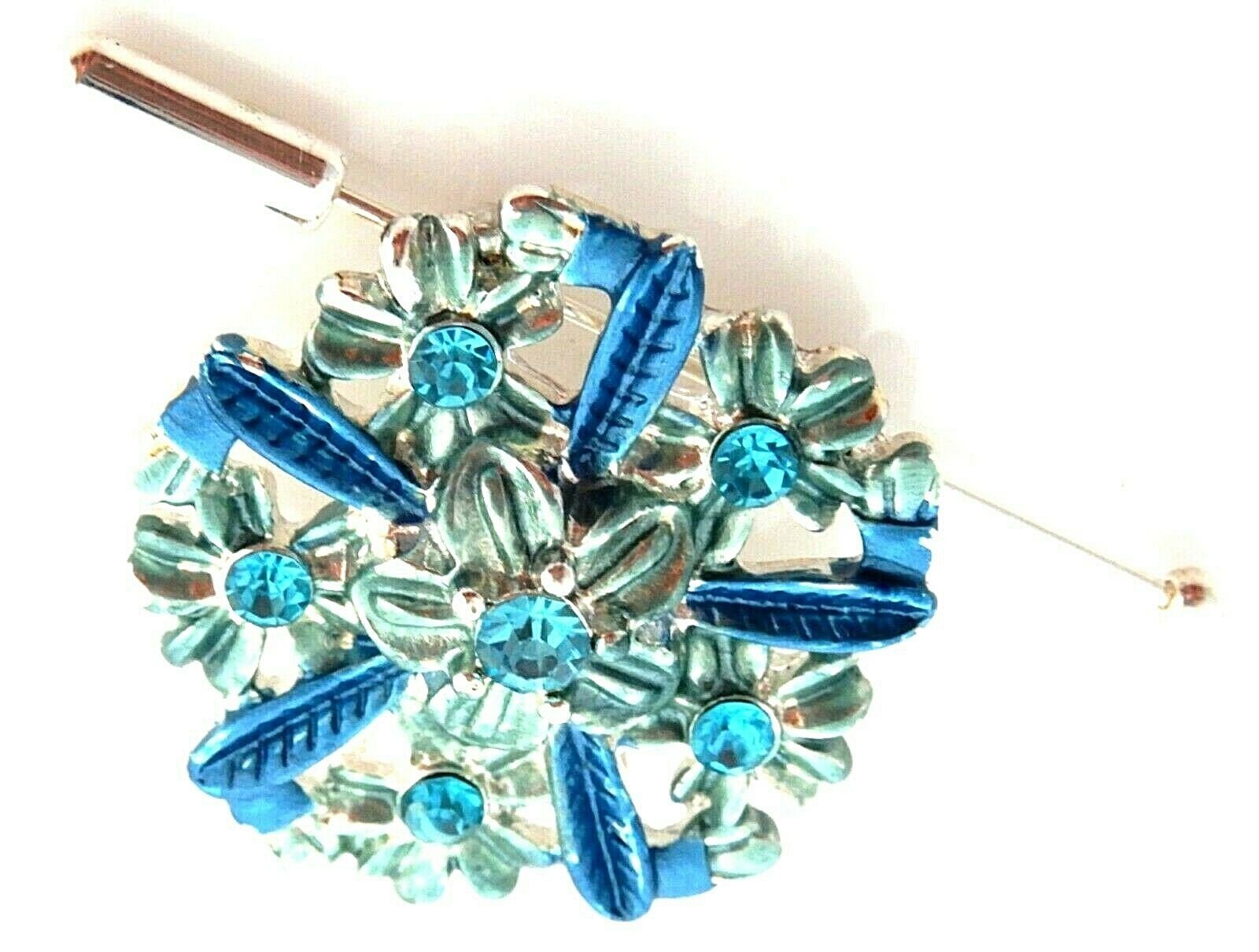 Aquamarine Blue Crystal Rhinestone Enamel Flower 2.5 Inch Brooch Scarf Pin