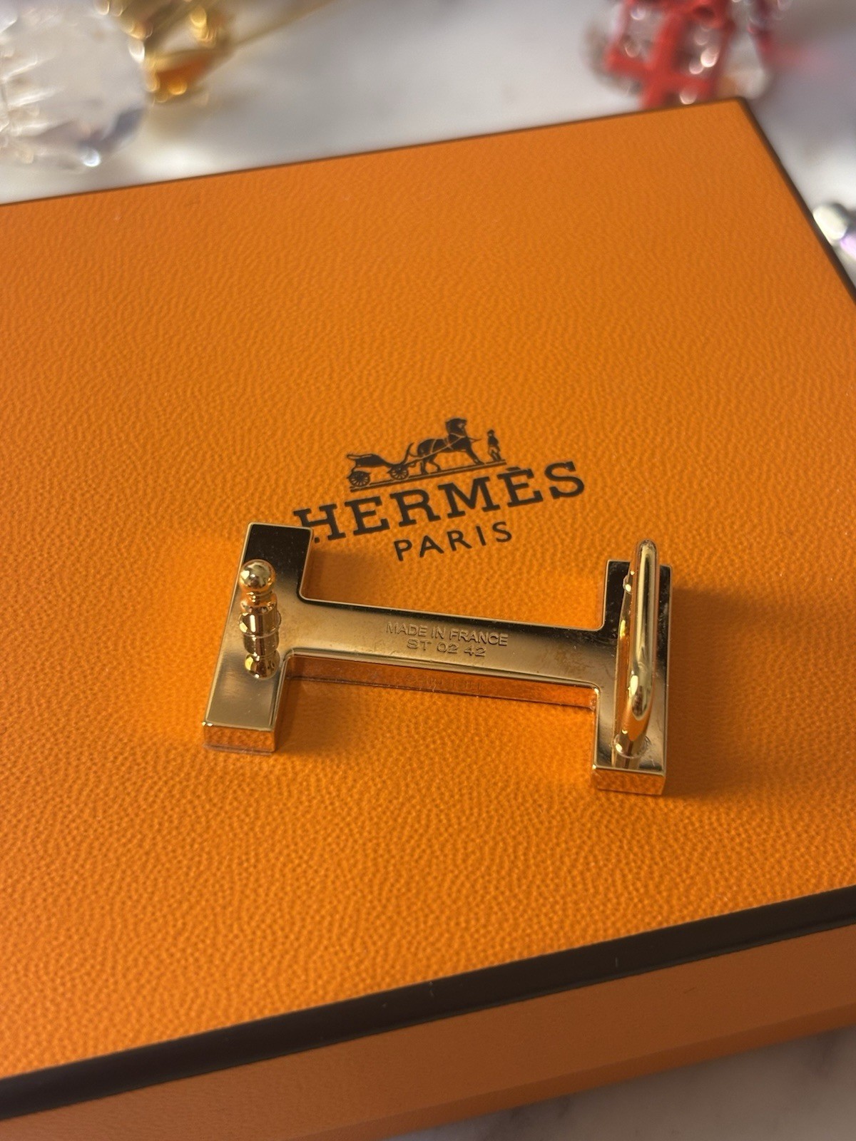 Hermes Signed H Logo Belt Buckle 1.5cm Gold Tone White Enamel w/ Box Made France