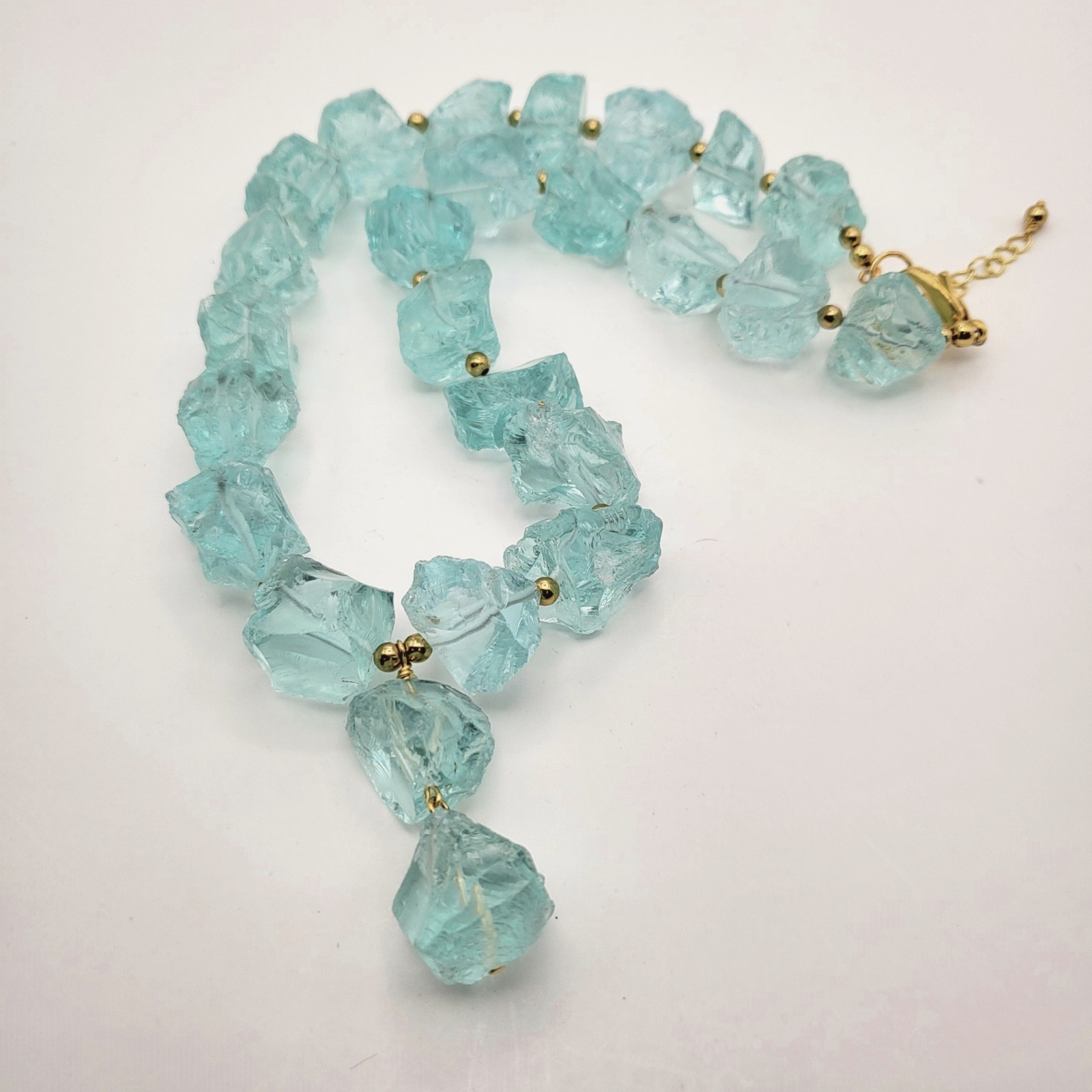 Blue Aqua Aquamarine Nugget Statement Necklace, March Birthstone, Gold 18″
