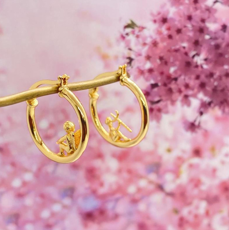 925 SILVER Gold Plated Plikin Angel Devil Whimsical Hoop Huggie EARRINGS K33A