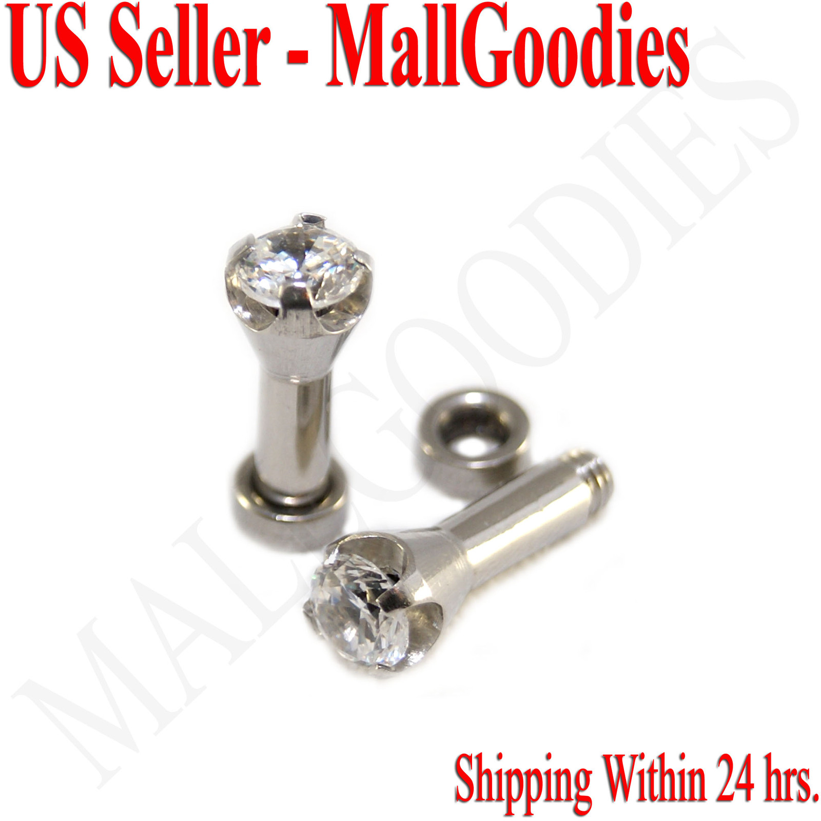 1254 Screw-on / fit Clear Solid CZ Prongs Ear Plugs Retainers 8 Gauge 8G 3.2mm