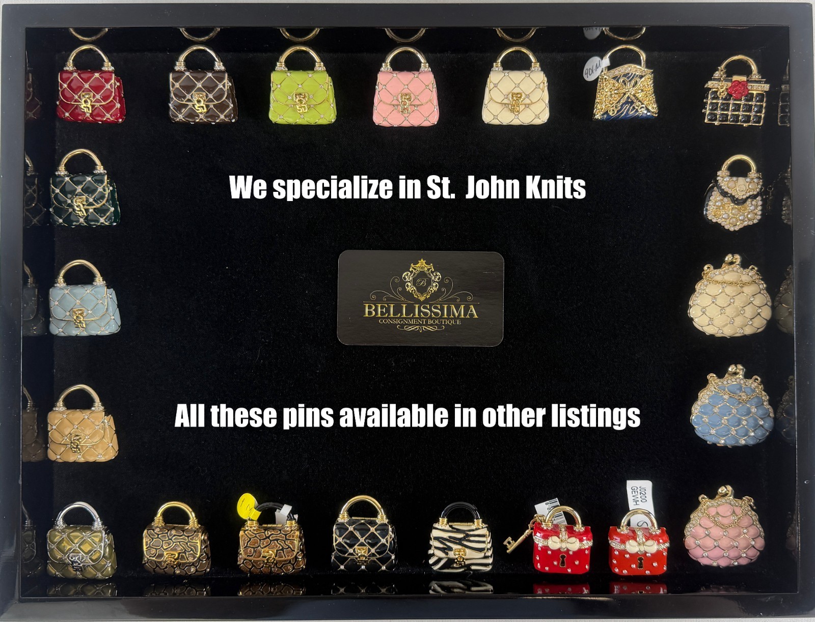 NEW ST. JOHN Handbag Mini Brooch Pin Black Enamel Crystals 24KGP Logo Enhancer