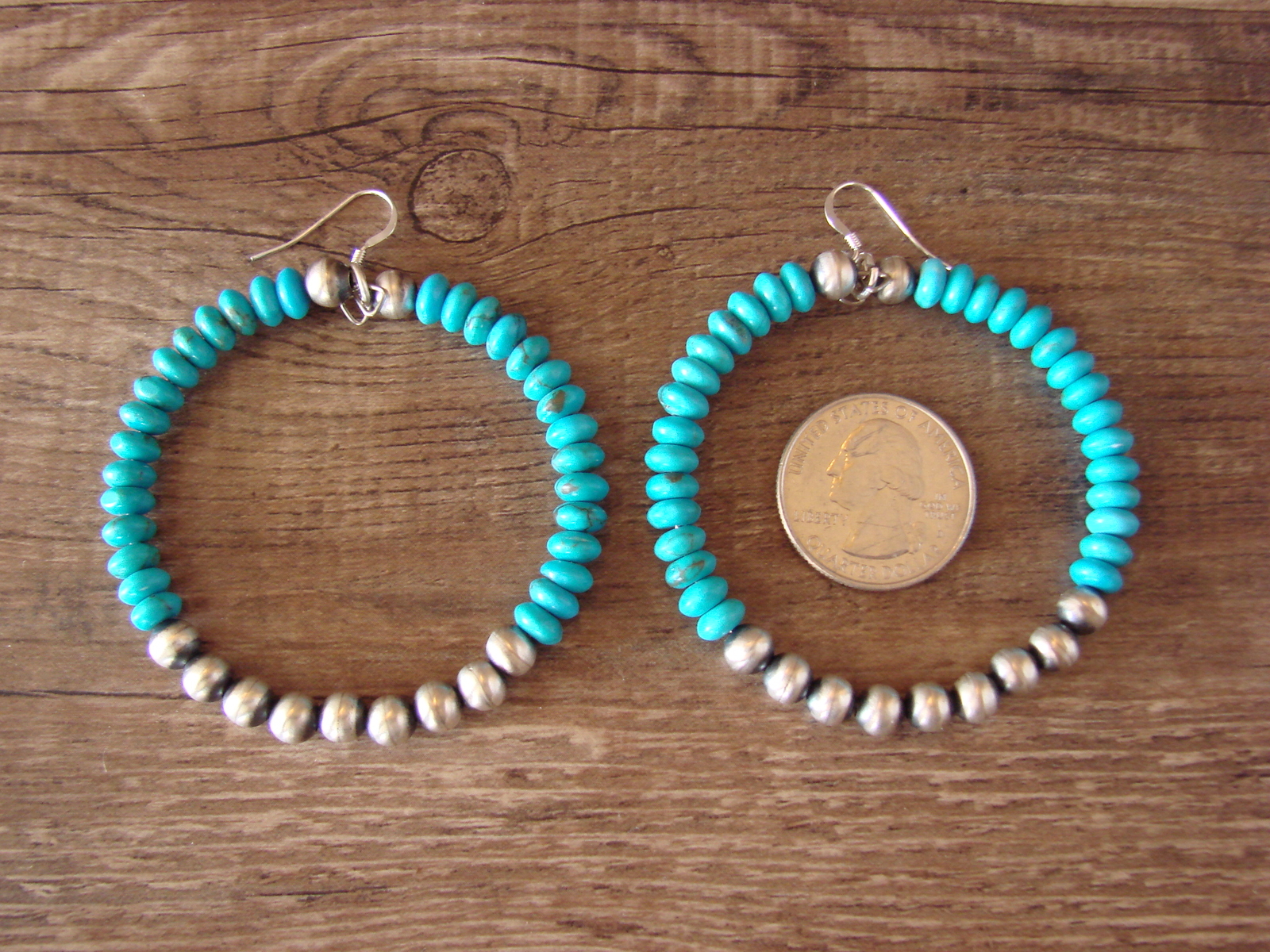 Native American Hand Beaded Turquoise Sterling Silver Desert Pearl Earrings