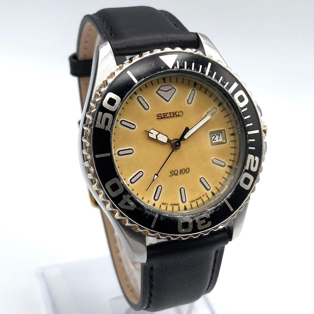 Seiko SQ100 V742-8A00 Divers Wristwatch Yellow Dial Stainless Steel Black