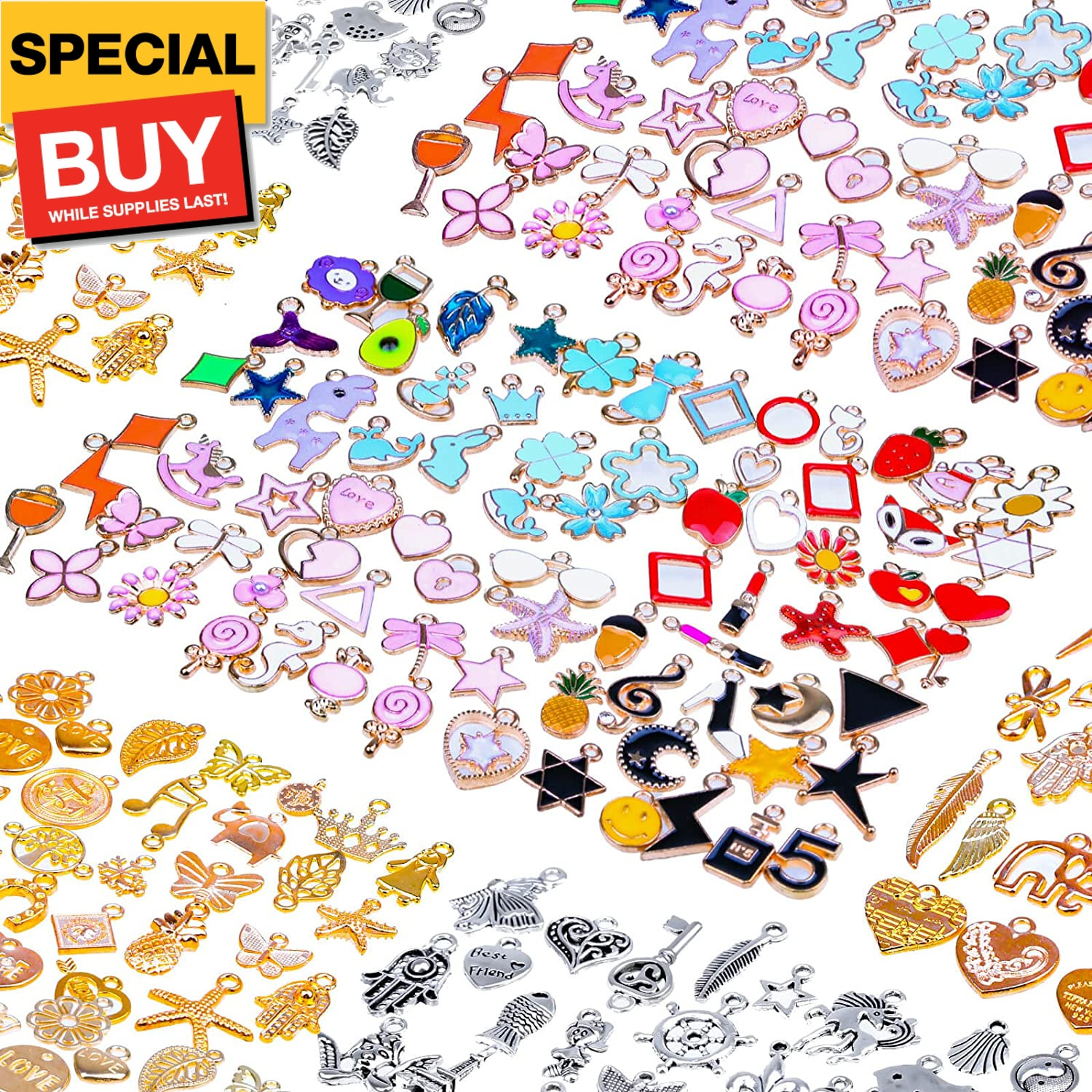150PCS Bracelet Charms, Silver Bracelet Gold Plated Enamel Charms Pendants for N