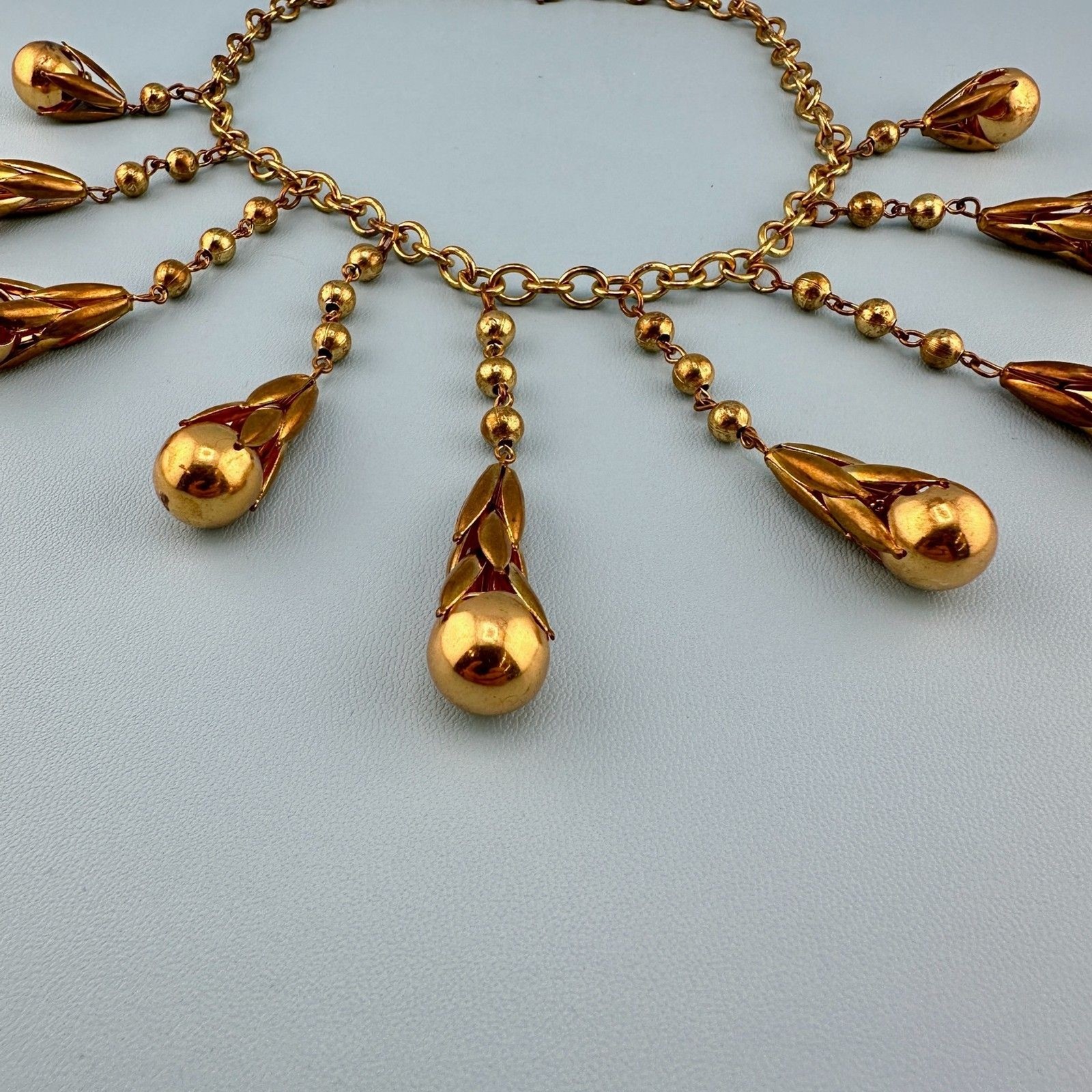 Vintage Art Deco Necklace Fringe Chain Gold Tone Etruscan Revival Statement