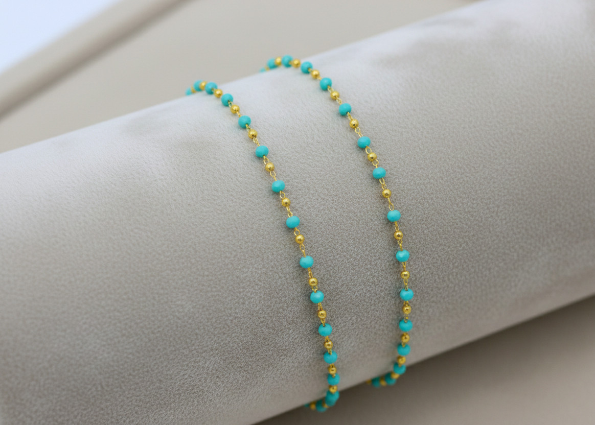 Boho Minimalist Turquoise Gold Tone Brass Bracelet for Her Tiny Bead Charm Chain