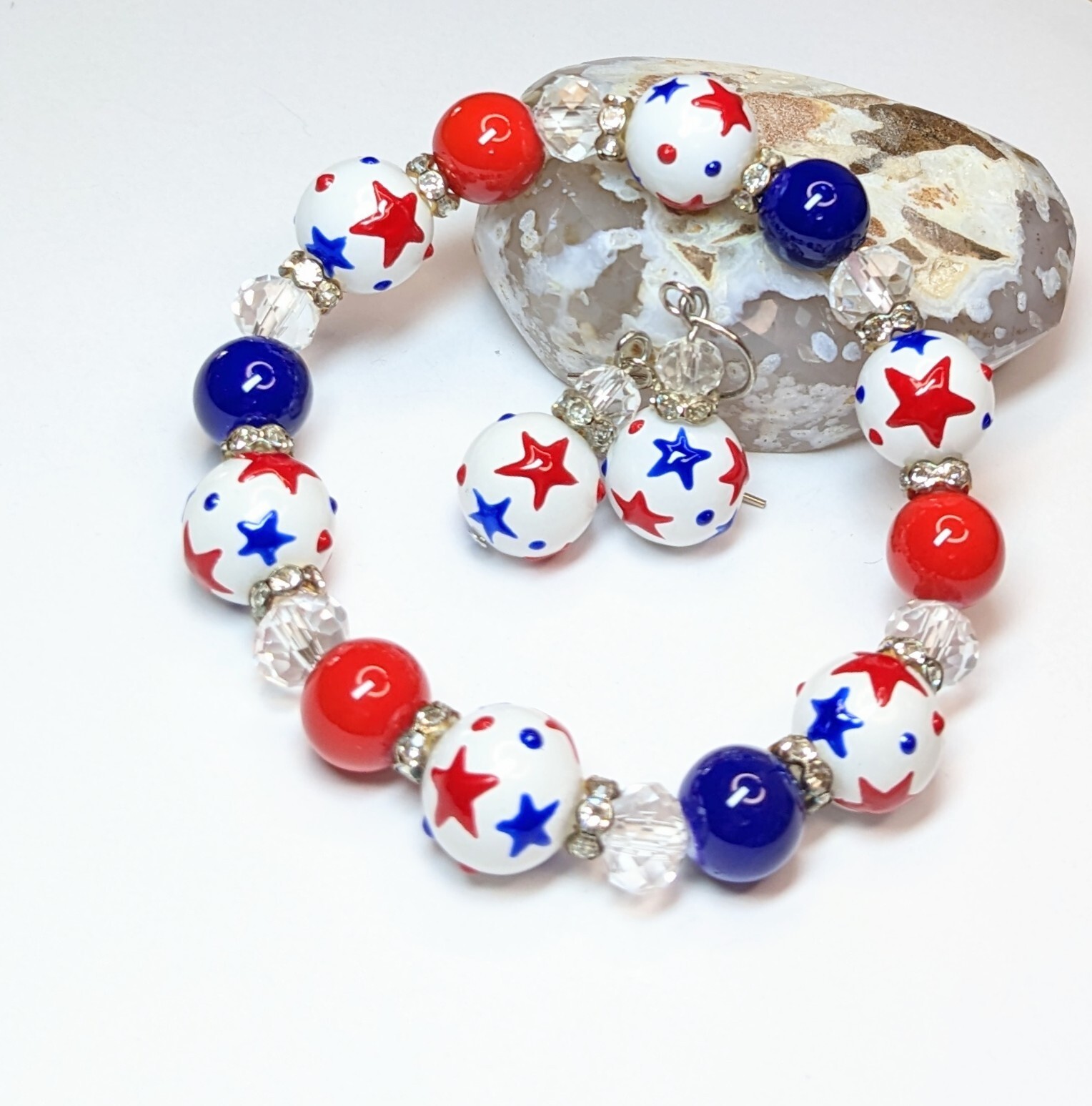 4th of July Bracelet Earring set RWB Stars Beaded Stretch Bracelet Earrings