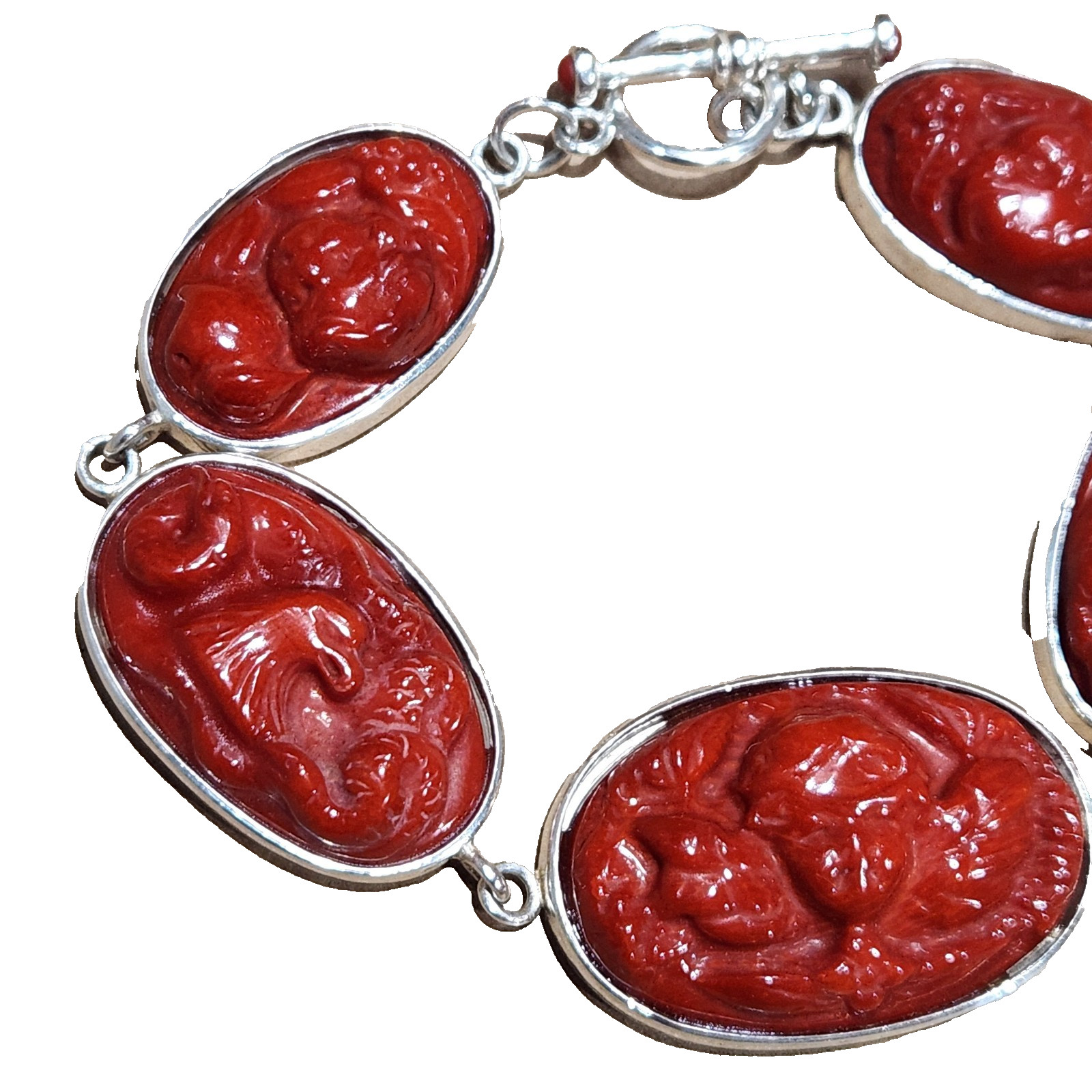 Carved Deep Red Coral Cherub ANGEL Link 5 Panel Sterling Silver Toggle Bracelet