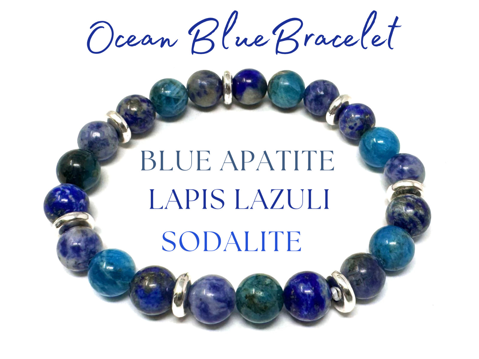 Ocean Blue Bracelet: 8 mm Crystal Beads (Blue Apatite, Lapis Lazuli, & Sodalite)