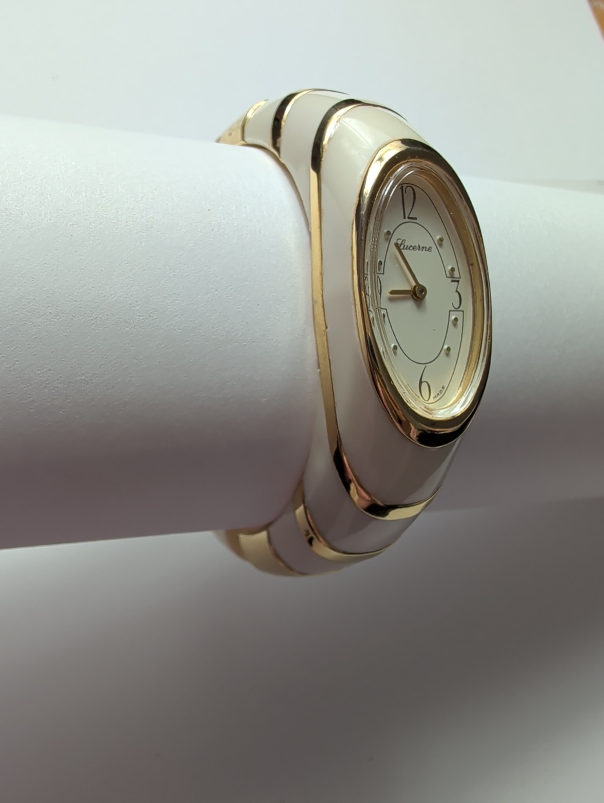 Vintage Lucerne Swiss Mechanical Bangle Watch Women’s Gold Tone White Modern