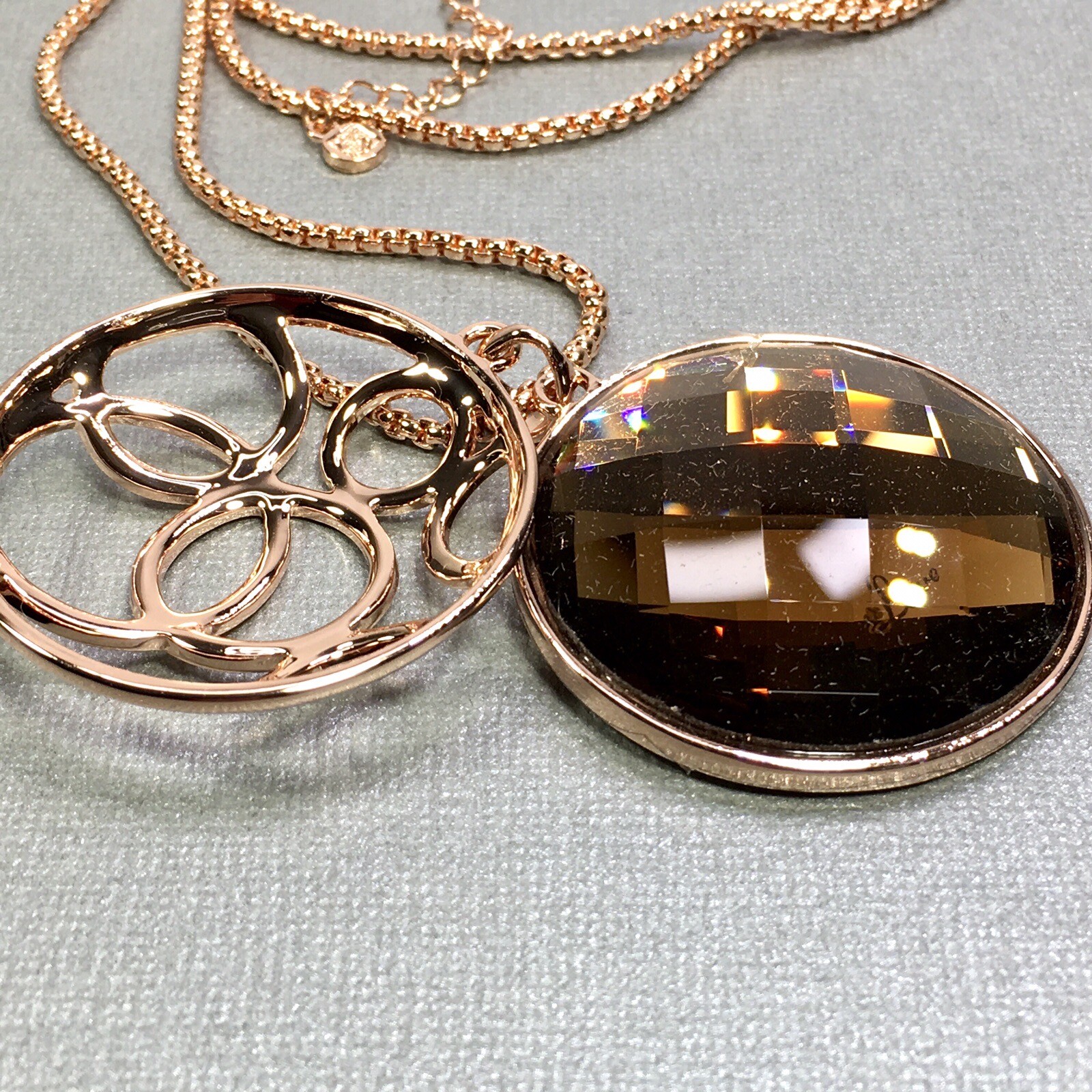 Qianse Fashion Rose Gold Color Amber Rhinestone Chunky Pendant W/ 32″ Box Chain