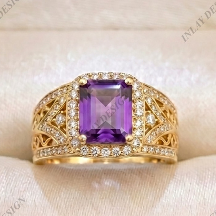 Men’s 925 Silver Signet Ring Purple Natural Amethyst Emerald Cut Shape Gemstone