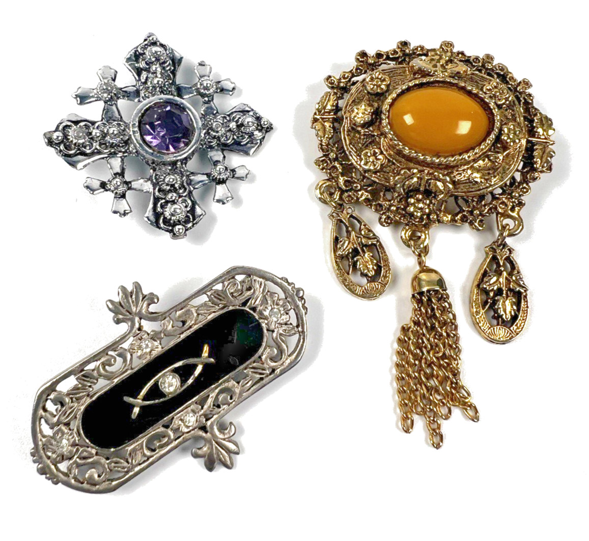 Lot Of 3 Victorian Revivial Brooches Jerusalemm Cross Mourning BroochAS-IS READ