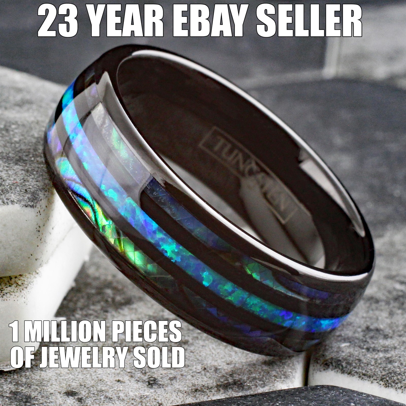8mm Black Tungsten Carbide Abalone Hawaiian Blue Opal Men’s Wedding Band Ring