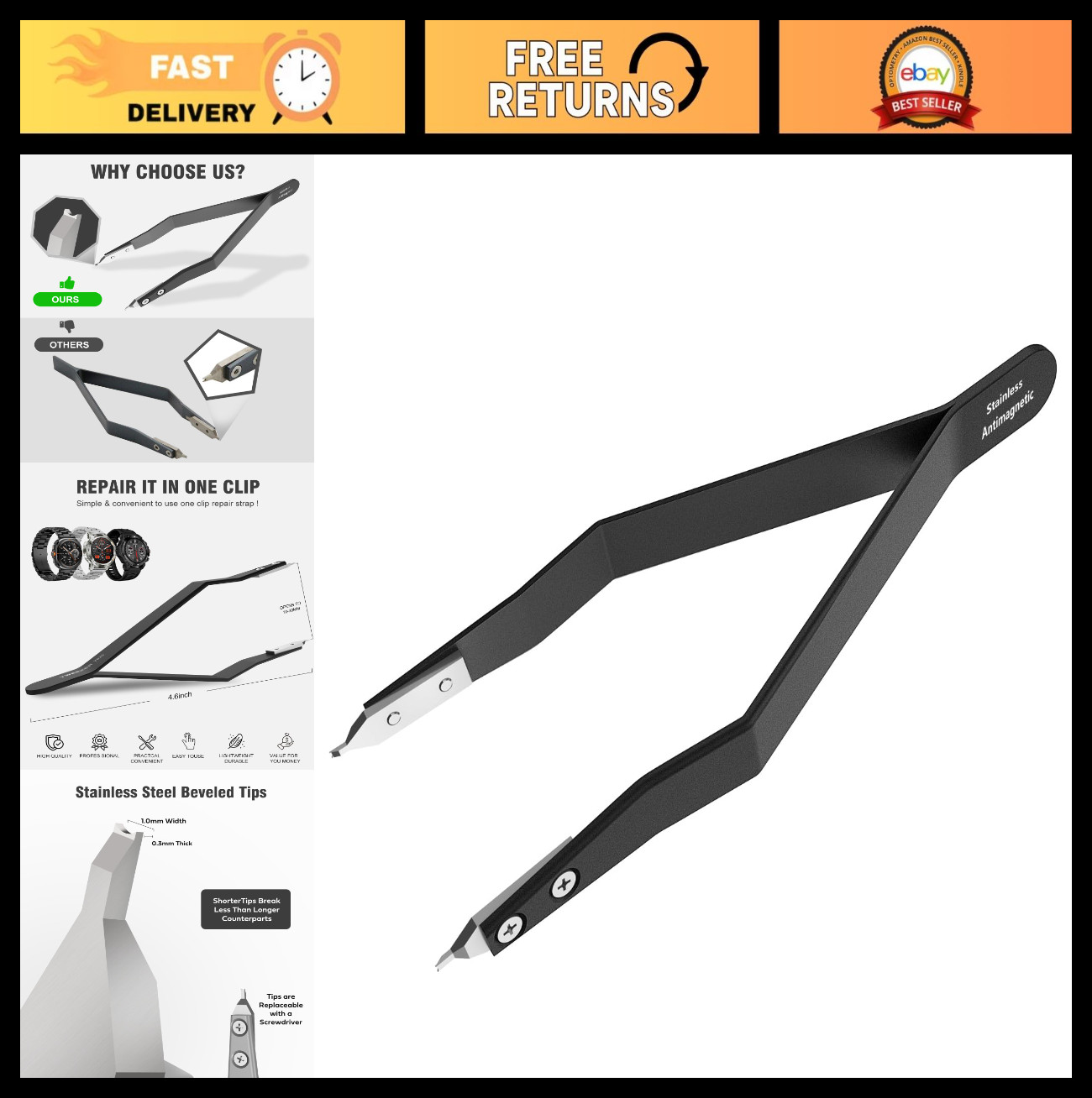 Spring Bar Tweezer Tool for Watch Repair, Plier Removal Tool – Black 7825