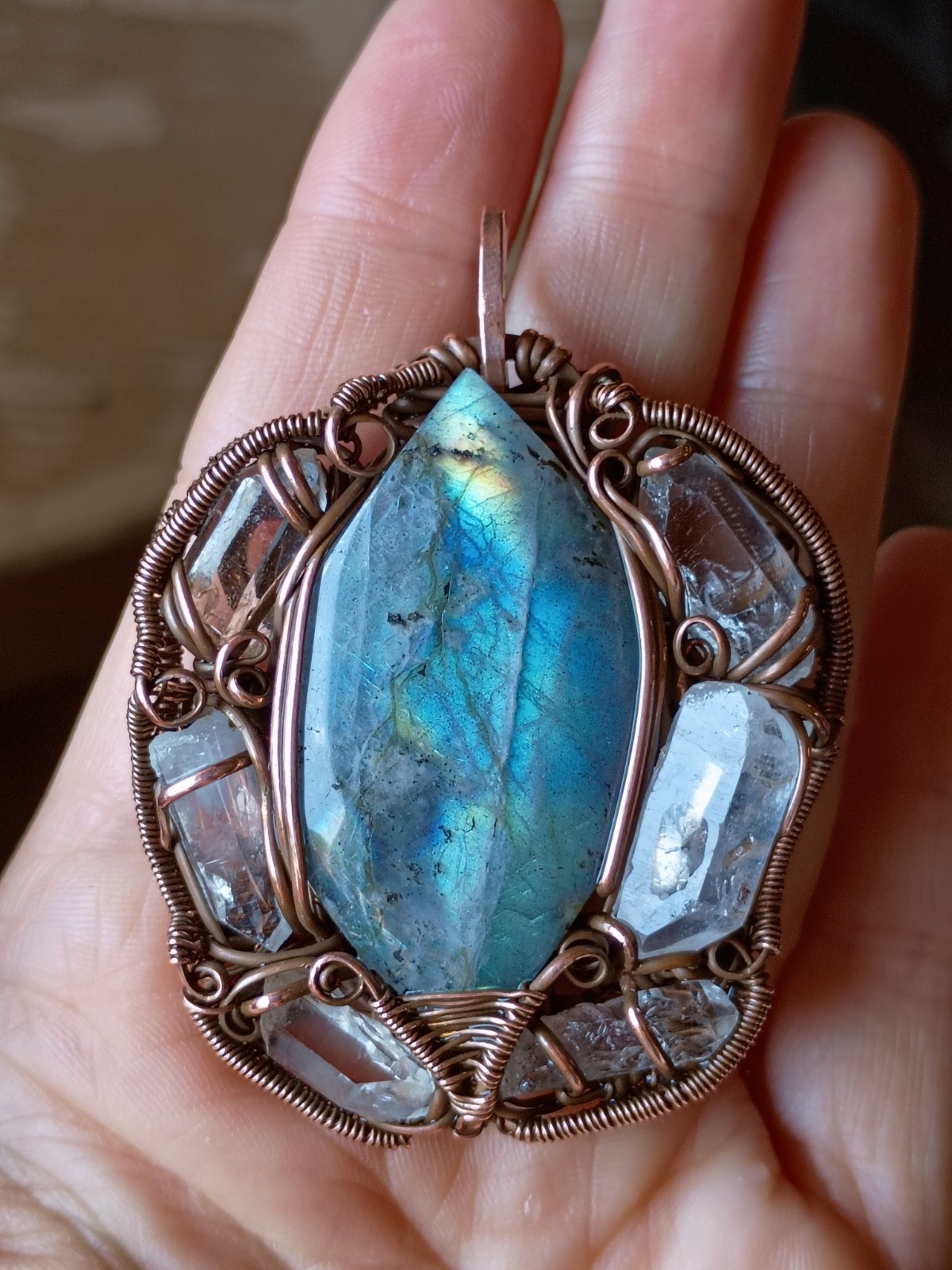 Labradorite Surrounded In Quartz Crystals Wirewrap Pendant Copper Statement