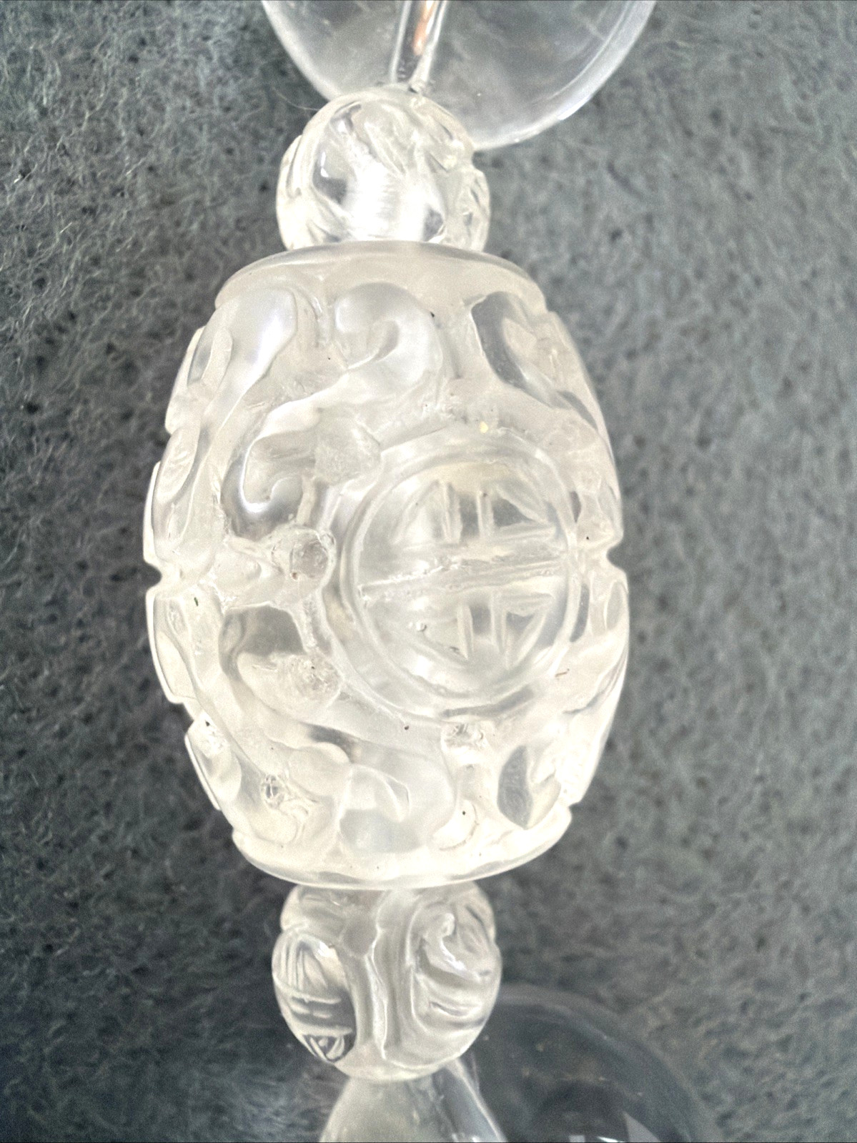 Handcrafted Necklace of Rock Crystal Quartz Beads with Chinese Long Life Symbols