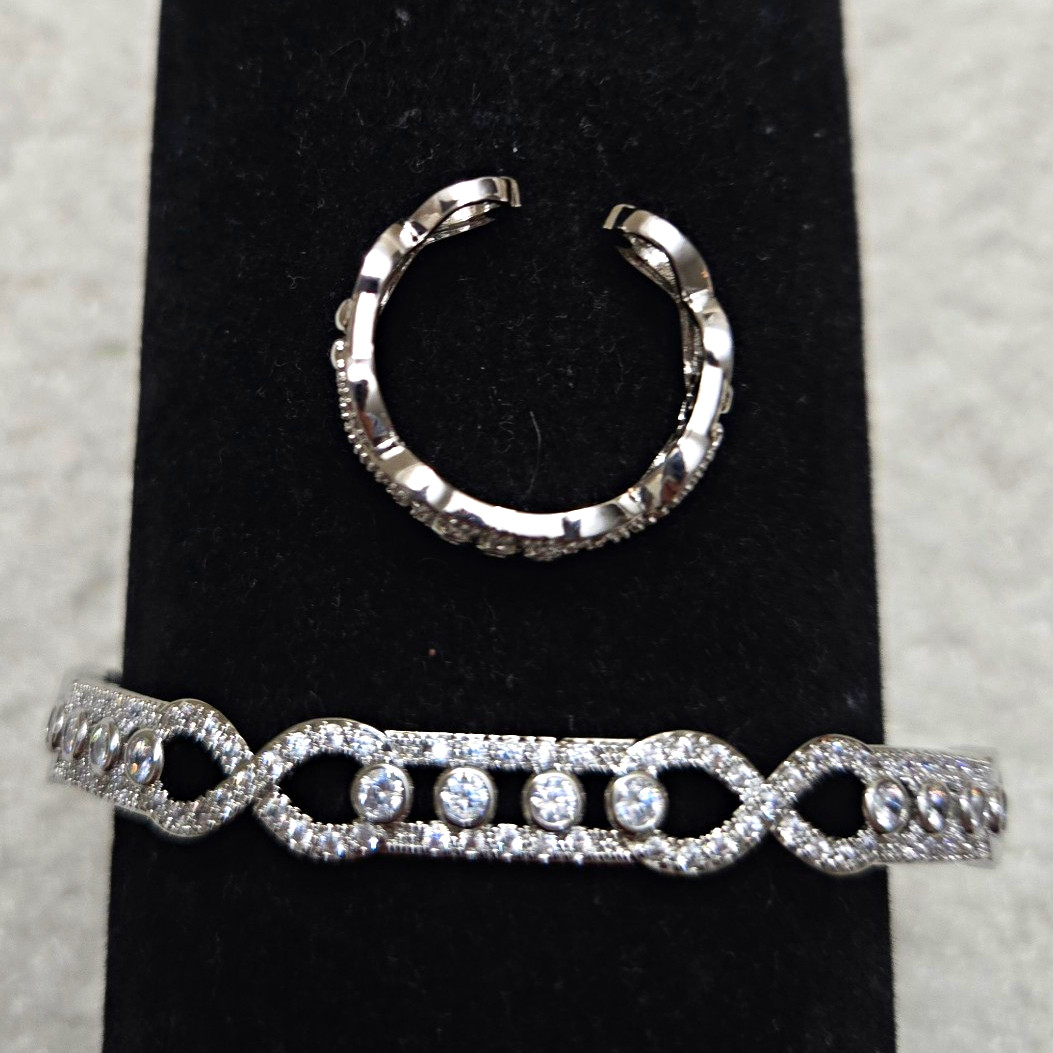 Silver Tone Clear Round Rhinestone Infinity Cuff Bracelet, Love Theme