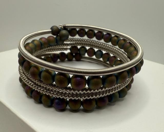 Vintage Piano Wire Wrap Bracelet with Irridescent Geode Stones Green/Lavander