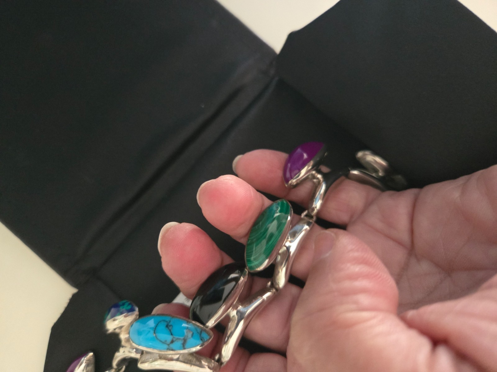 Vintage Mexican 925 SS necklace with varied stones turquoise, onyx etc