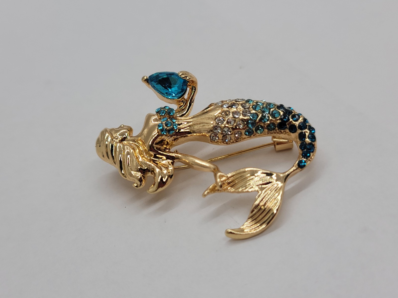 Gold-Tone Mermaid Brooch with Blue Gem – Rhinestone Tail & Top – Ocean Fantasy
