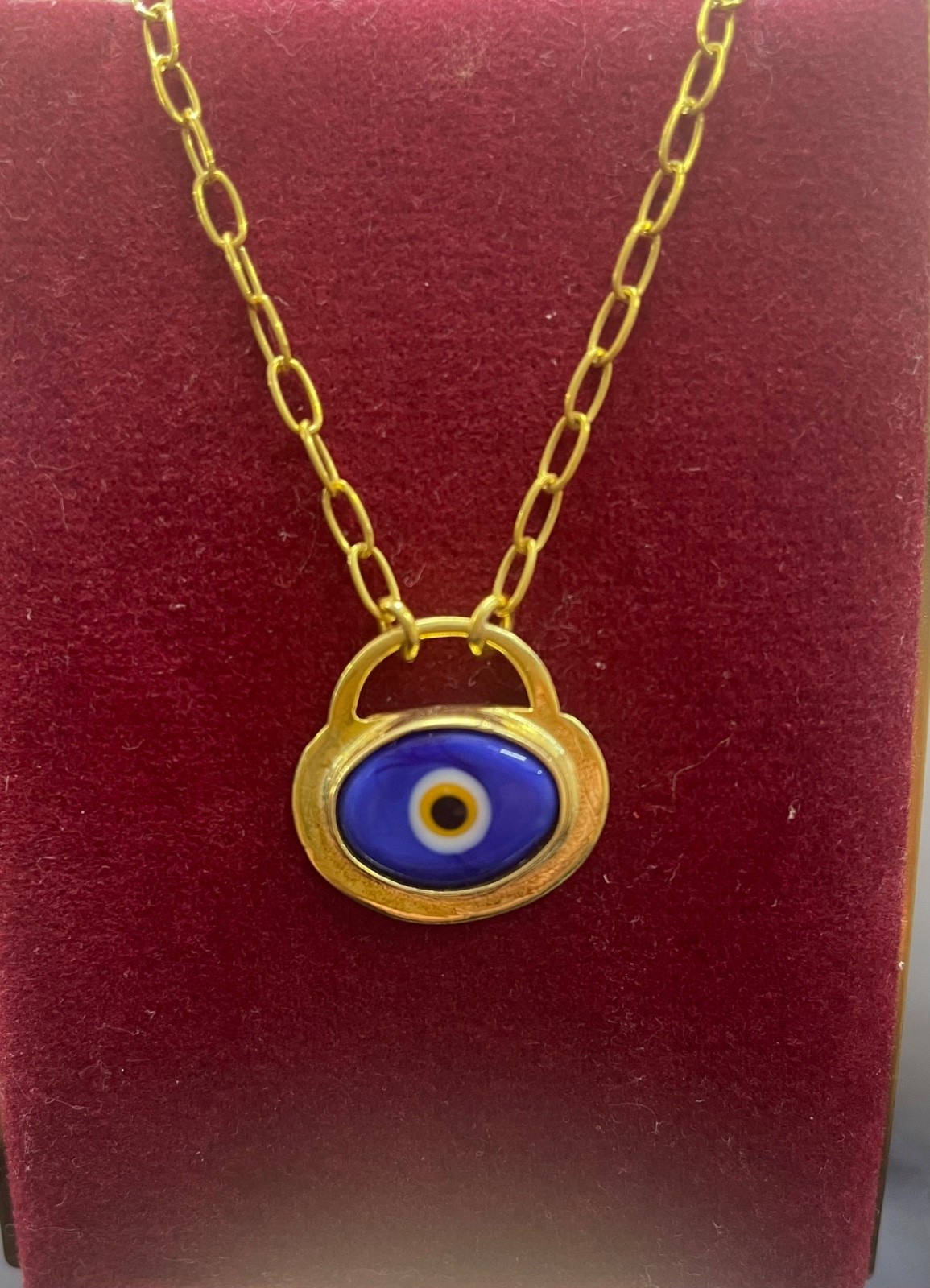 18k Yellow Gold Blue Evil Eye GREEK PADLOCK PAPERCLIP LINK 18″ CHAIN NEW