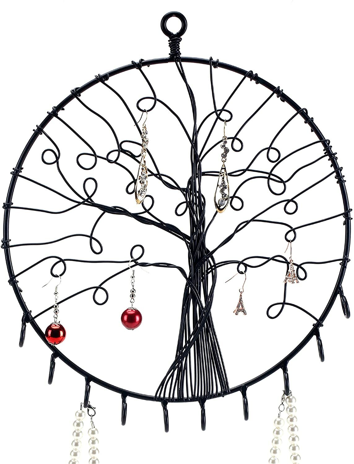 Wall Hanging Round Black Metal Tree Silhouette Jewelry Display Holder, w/ Hooks