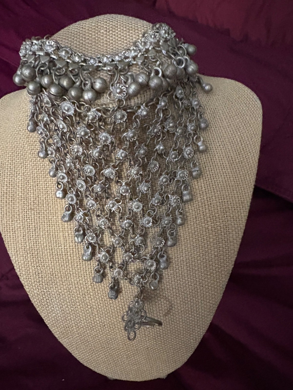 Afghan Kuchi Silver Toned Bracelet Waterfall Design with Connected Finger Ring