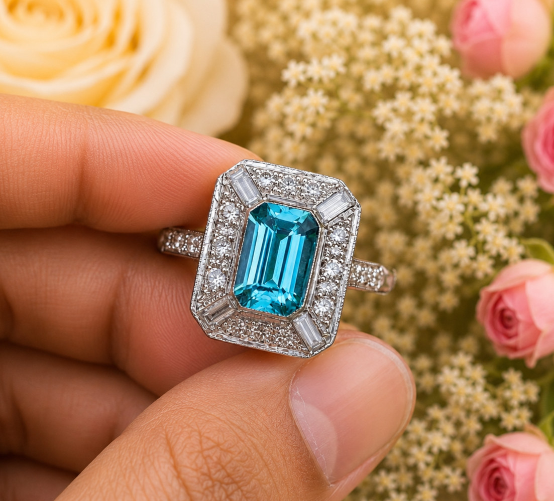 2.50Ct Emerald Lab Created Blue Topaz Halo Engagement Ring 14K White Gold Plated