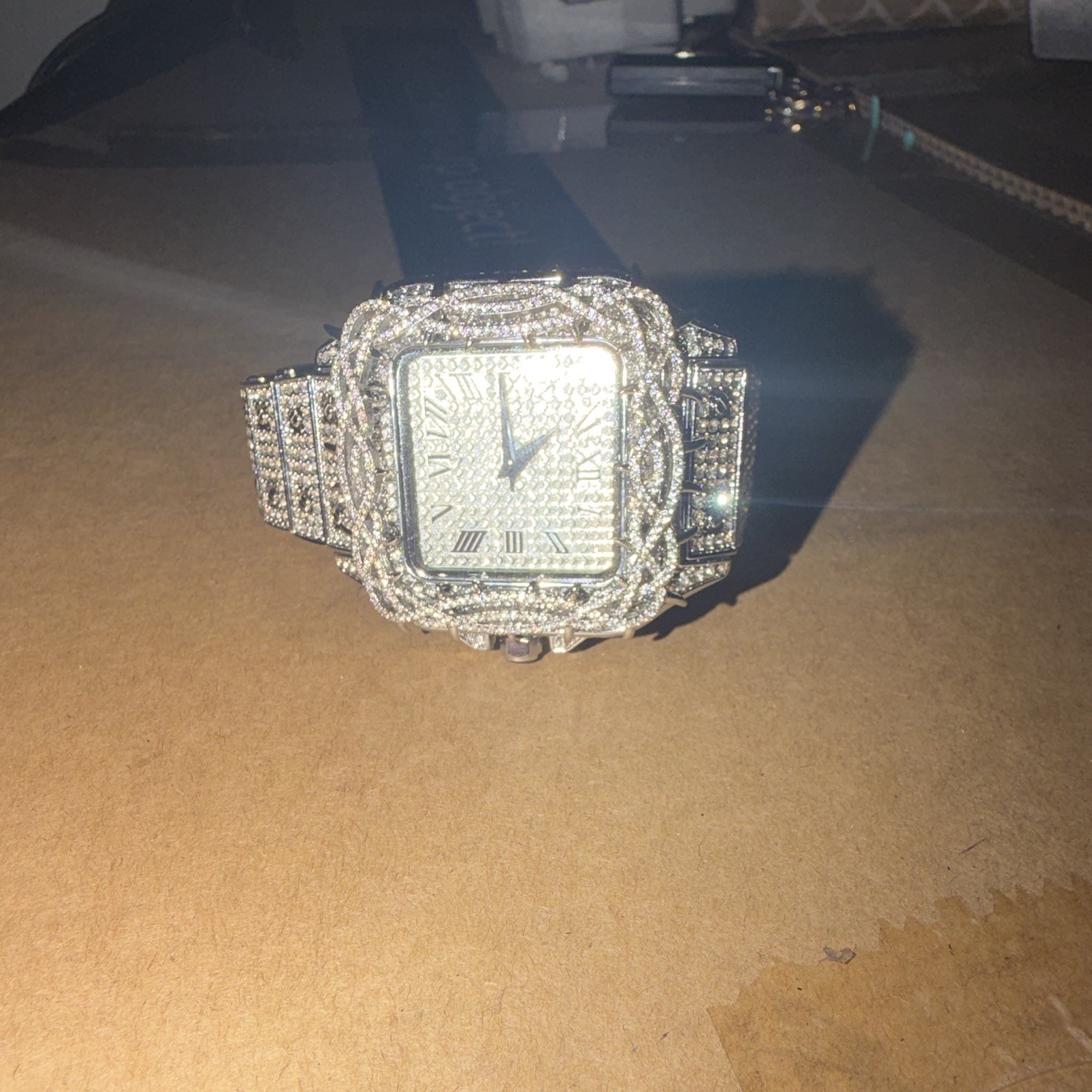 Silver Tone Square Analog Watch Roman Numerals Gem-Set Bezel Metal Bracelet