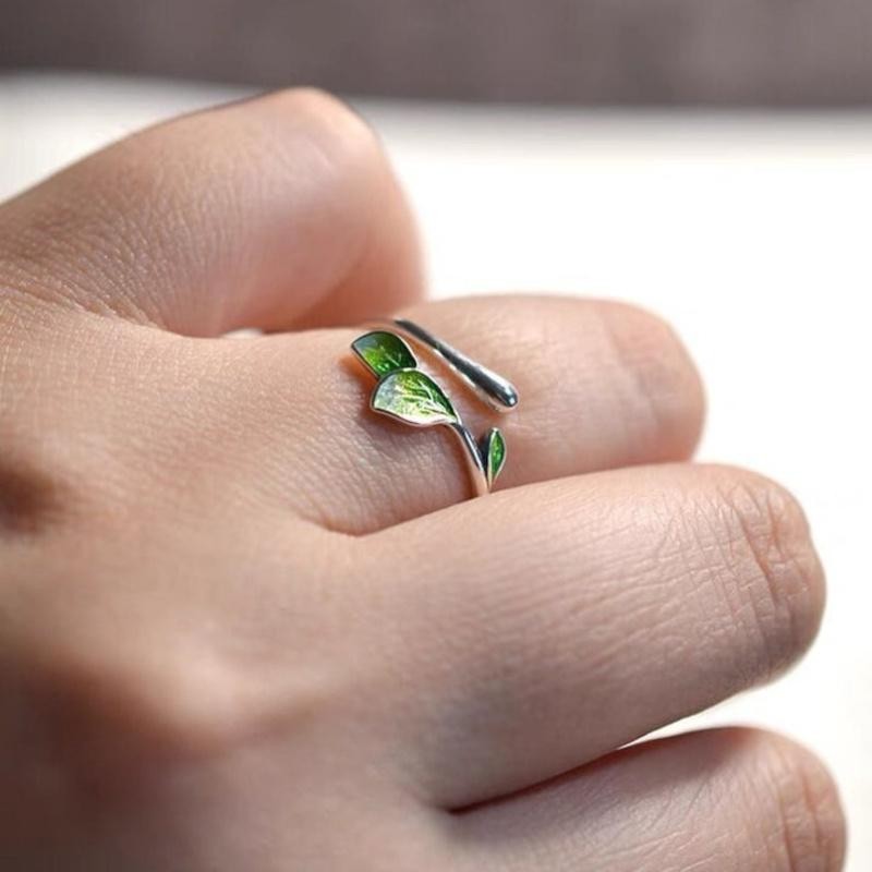 Green Enamel Leaf Adjustable Ring for Women Open Band Elegant Nature Jewelry