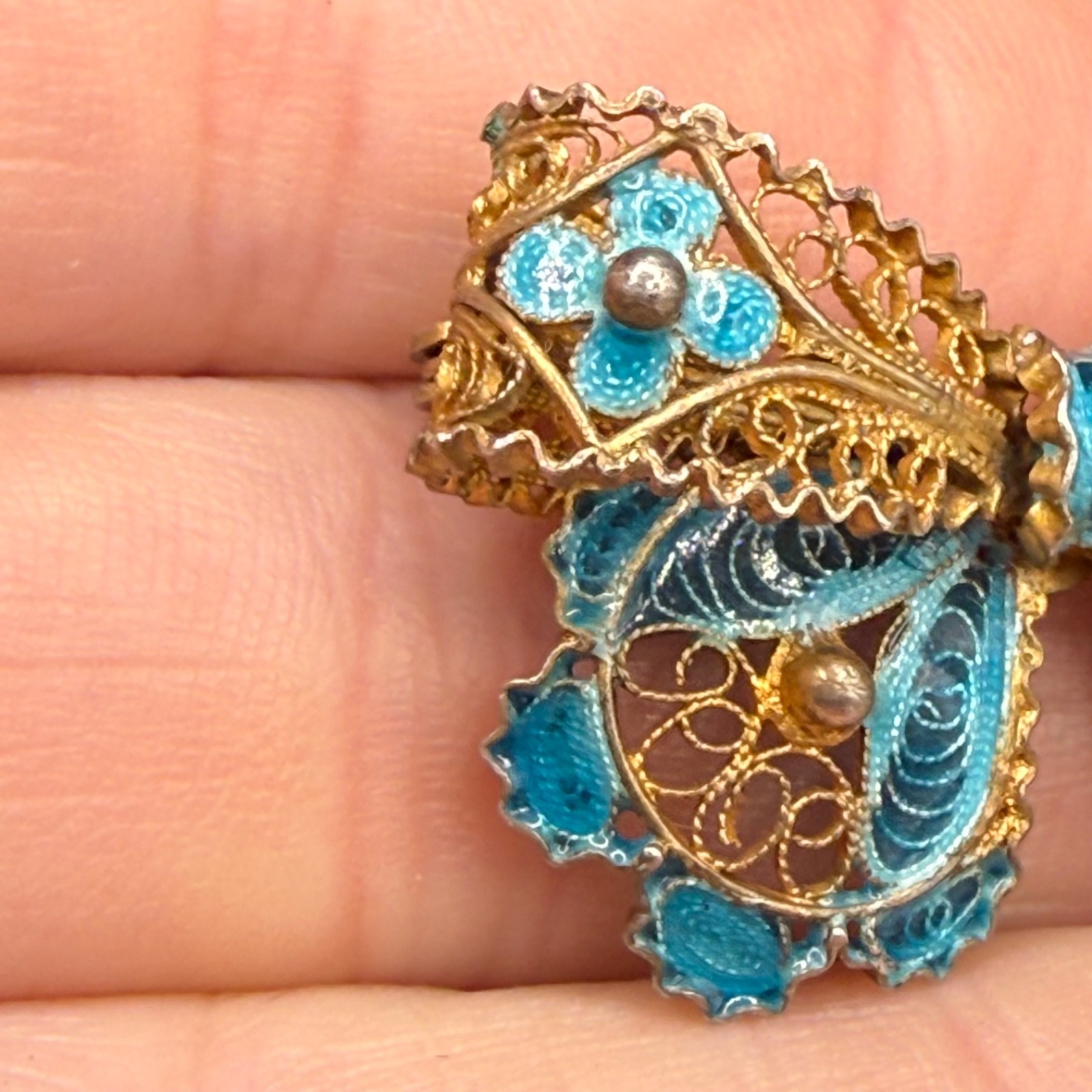 Vintage Chinese Export Brooch Bow 800 Silver Enamel Blue