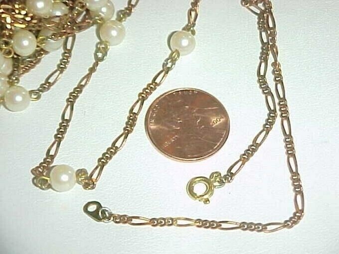 1 VINTAGE PEARL BEADED ROSE BRASS FIGARO CHAIN 18″ DECO NECKLACE L907