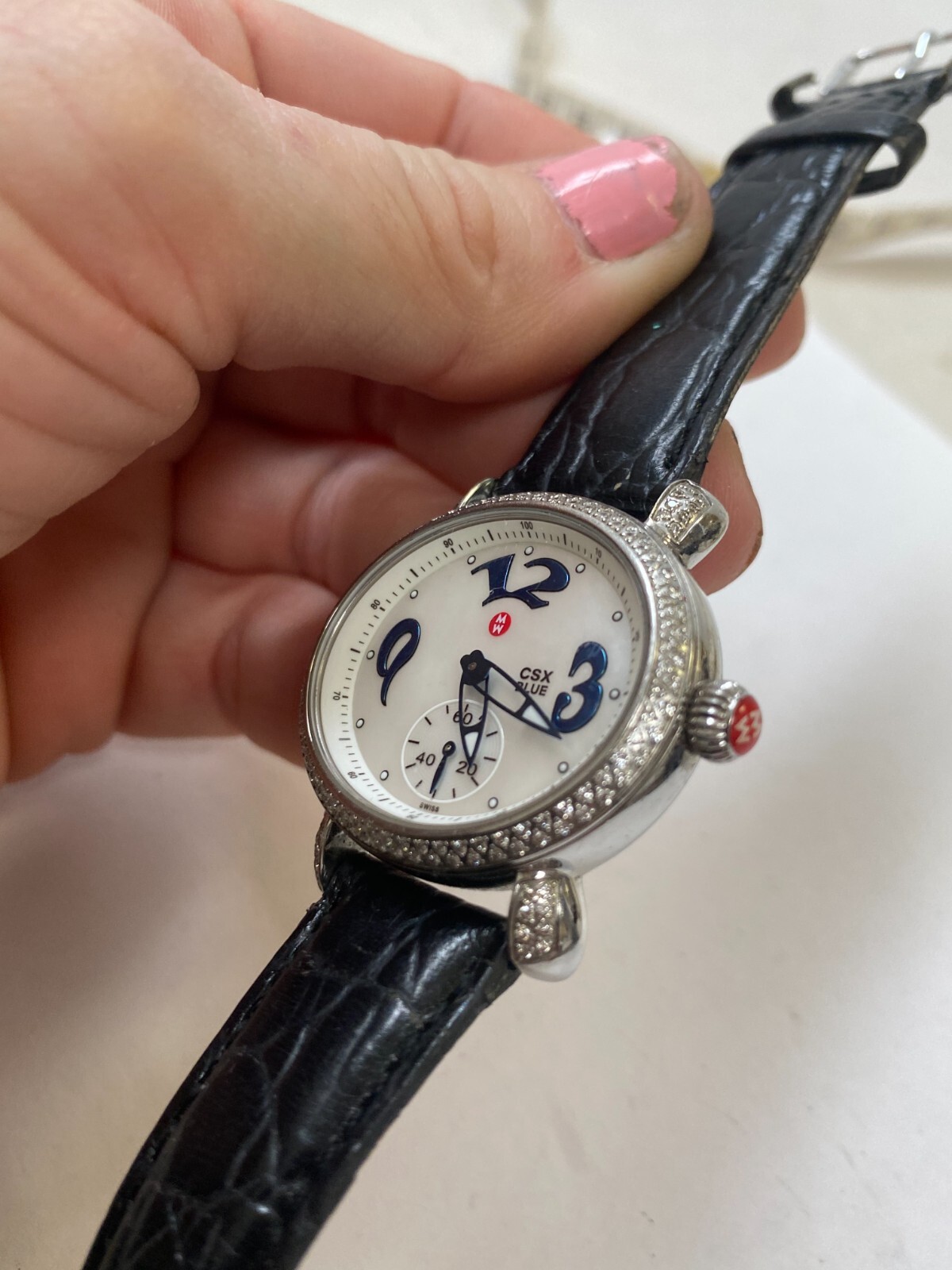 Michele CSX Blue MOP Dial Diamond Bezel 35mm Quartz Watch MW03E01 NEW BATTERY!