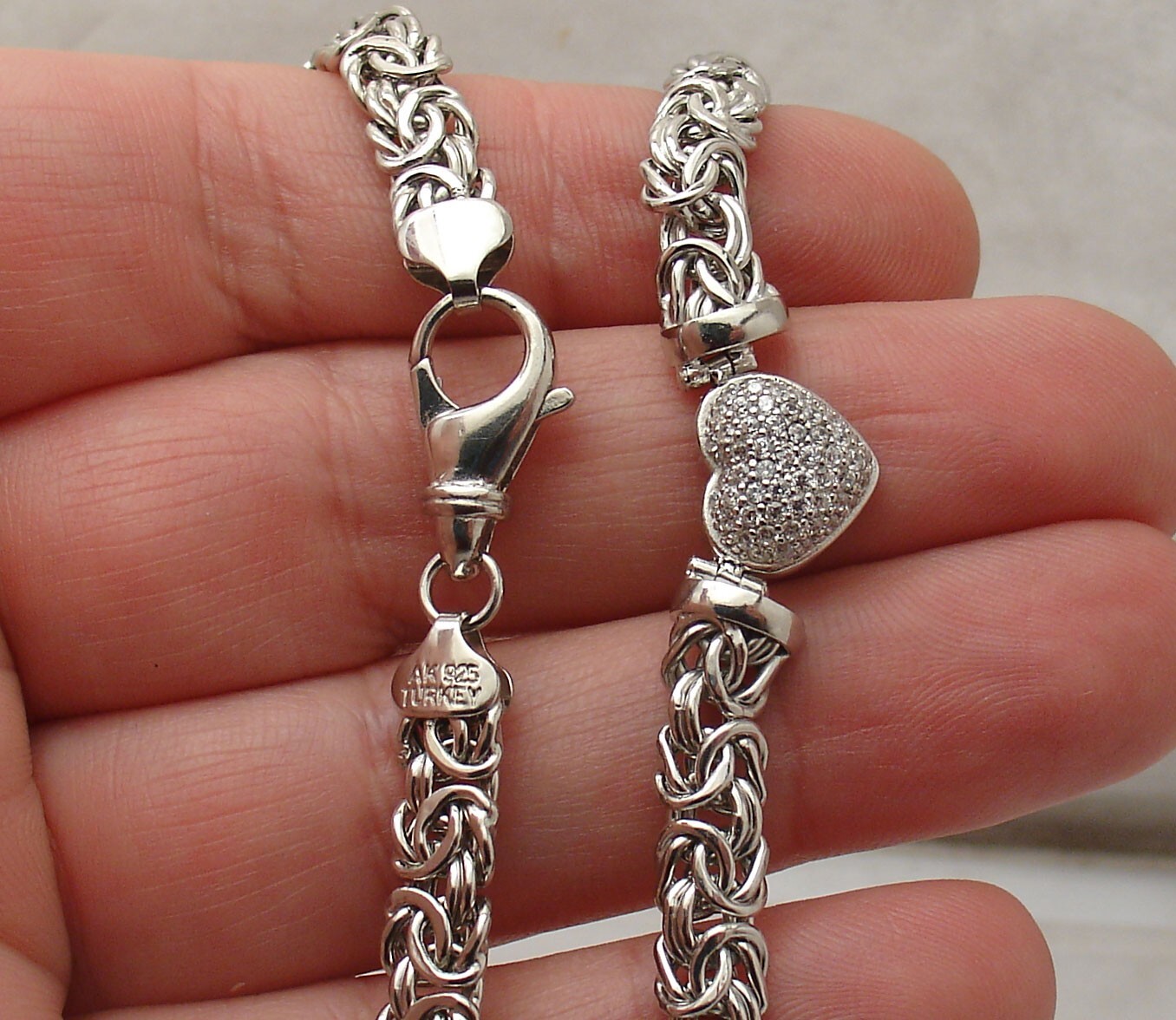 Technibond Heart Center Byzantine Necklace Chain Anti-Tarnish Real 925 Silver