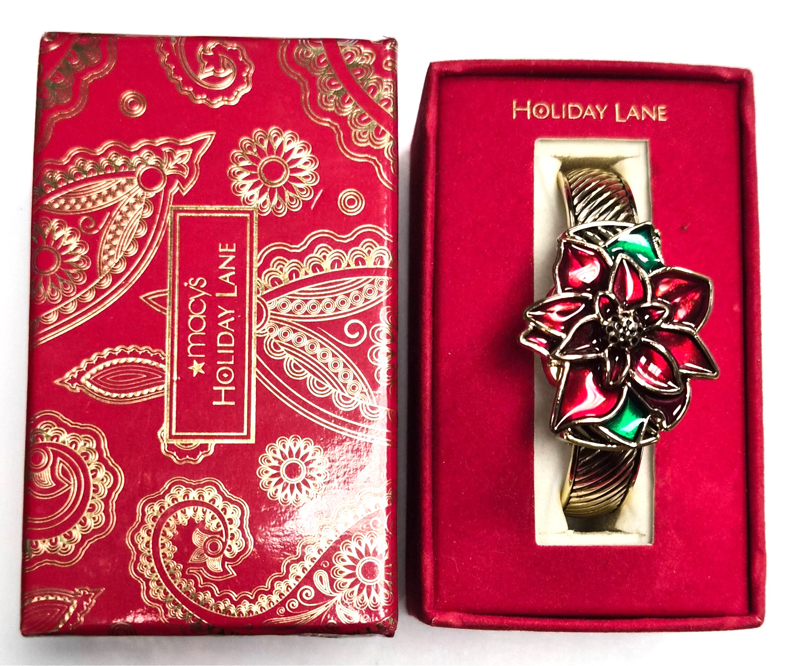NOS Estate Macy’s Holiday Lane Christmas Poinsettia Hidden Flip Top Cuff Watch