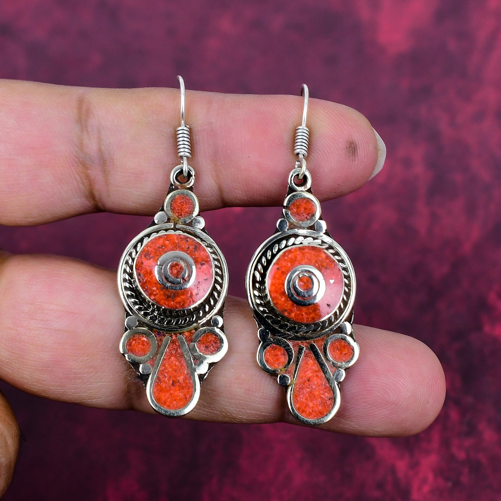 Beautiful Coral Gemstone Handmade 925 Sterling Silver Earrings Nepali Jewelry