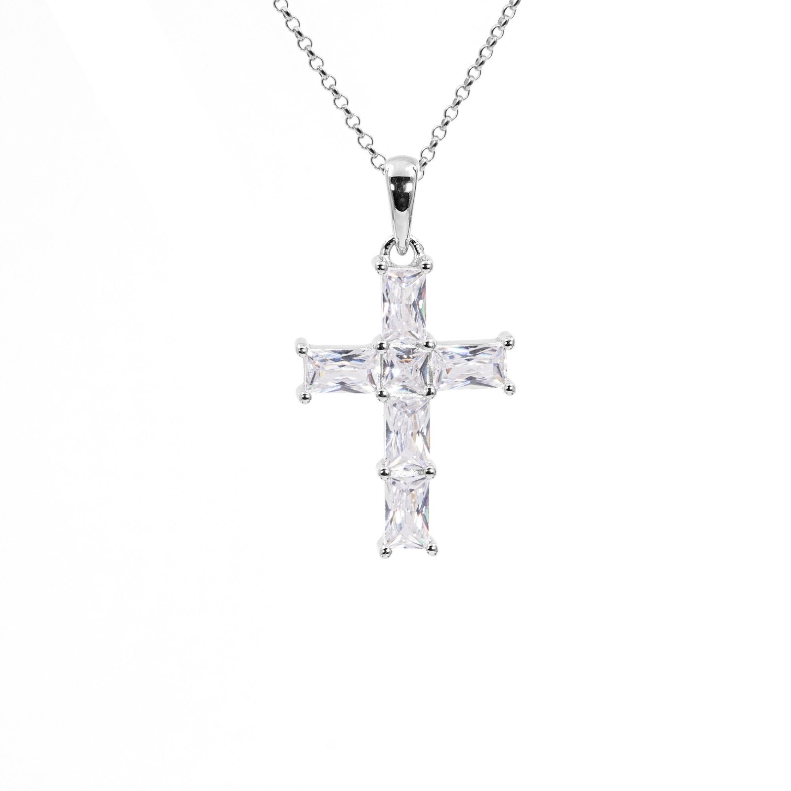 Circle Rolo Chain Necklace Pendant Cross 925 Sterling Silver Zircon Da/He