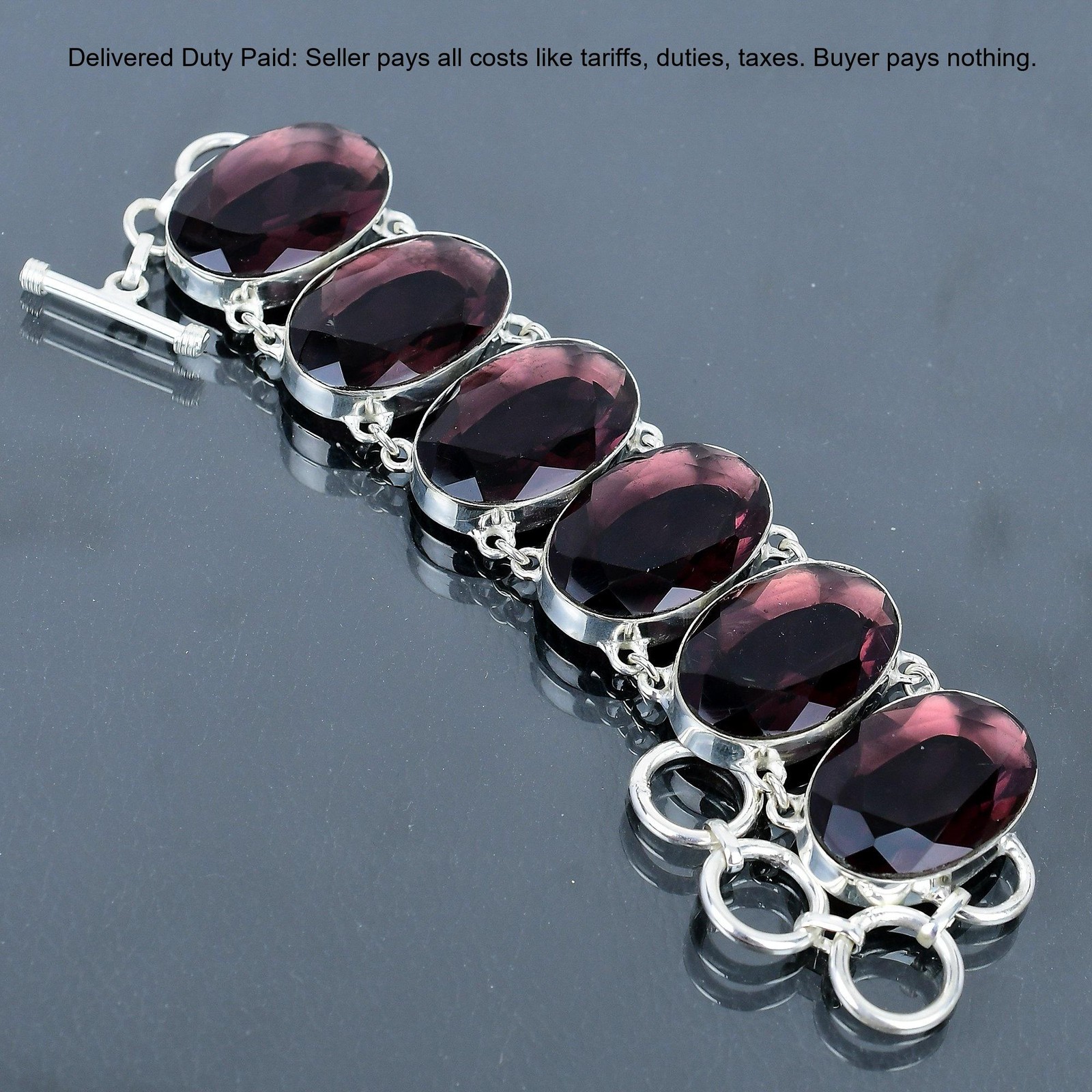 925 Silver Oval Pink Amethyst Stone Bezel Birthday Chain Wife Elegant Bracelet