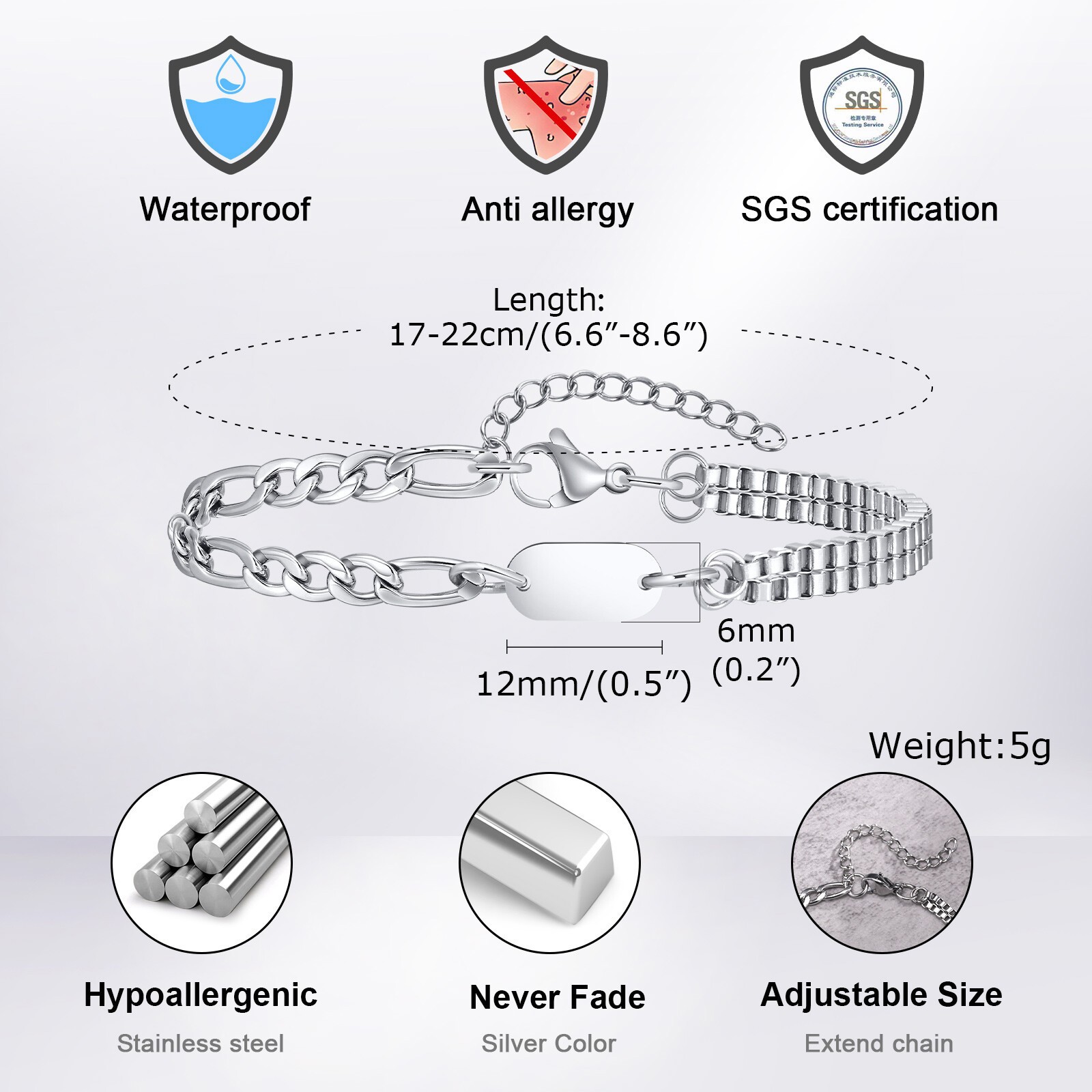 A-Z Initial Bracelets for Men Women Figaro Chain Box Link Bracelets Classic