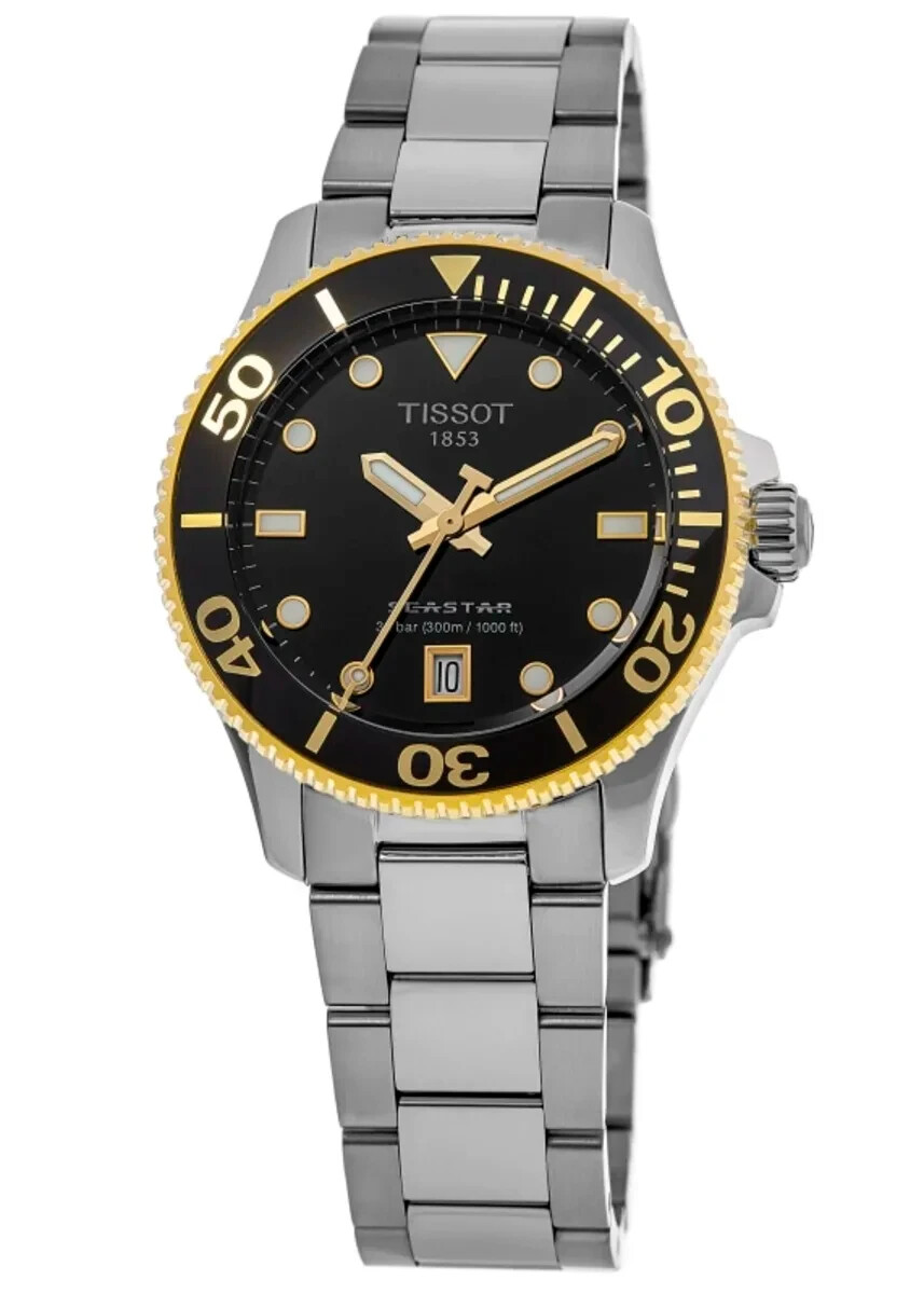 New Tissot Seastar Black Dial 2 Tone Gold 36mm Quartz Watch T1202102105100