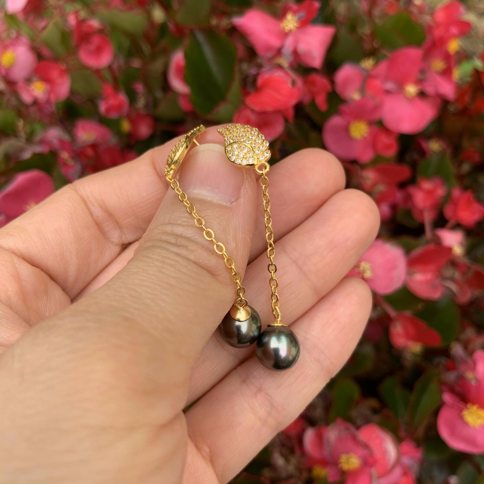 8.5~9mm Peacock Black Tahitian Pearl S925 Silver Angel Wing stud Earring Dangle