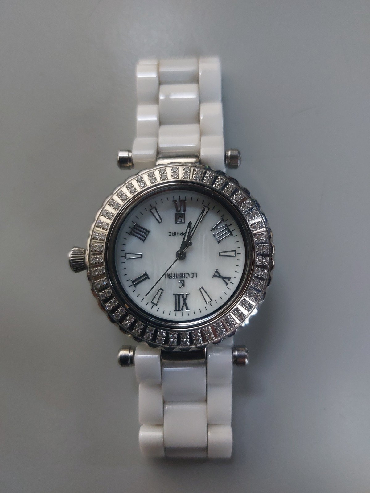 LE CHATEAU LC Ceramic Women’s White Rhinestone, Mother of Pearl Watch- 7″
