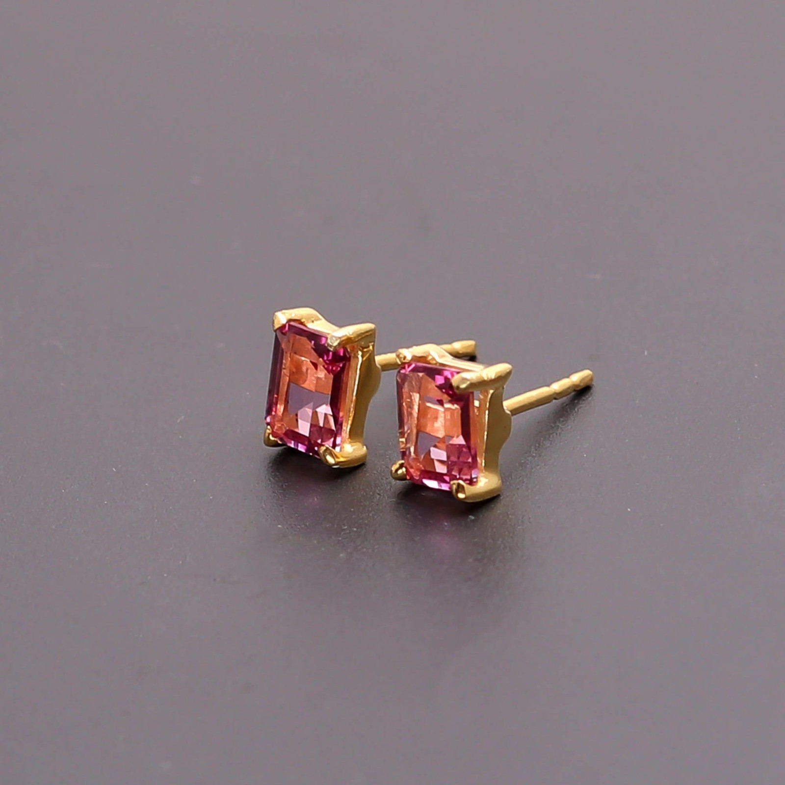 Natural Pink Topaz Octagon Stud Earrings Gold Plated 925 Sterling Silver Jewelry